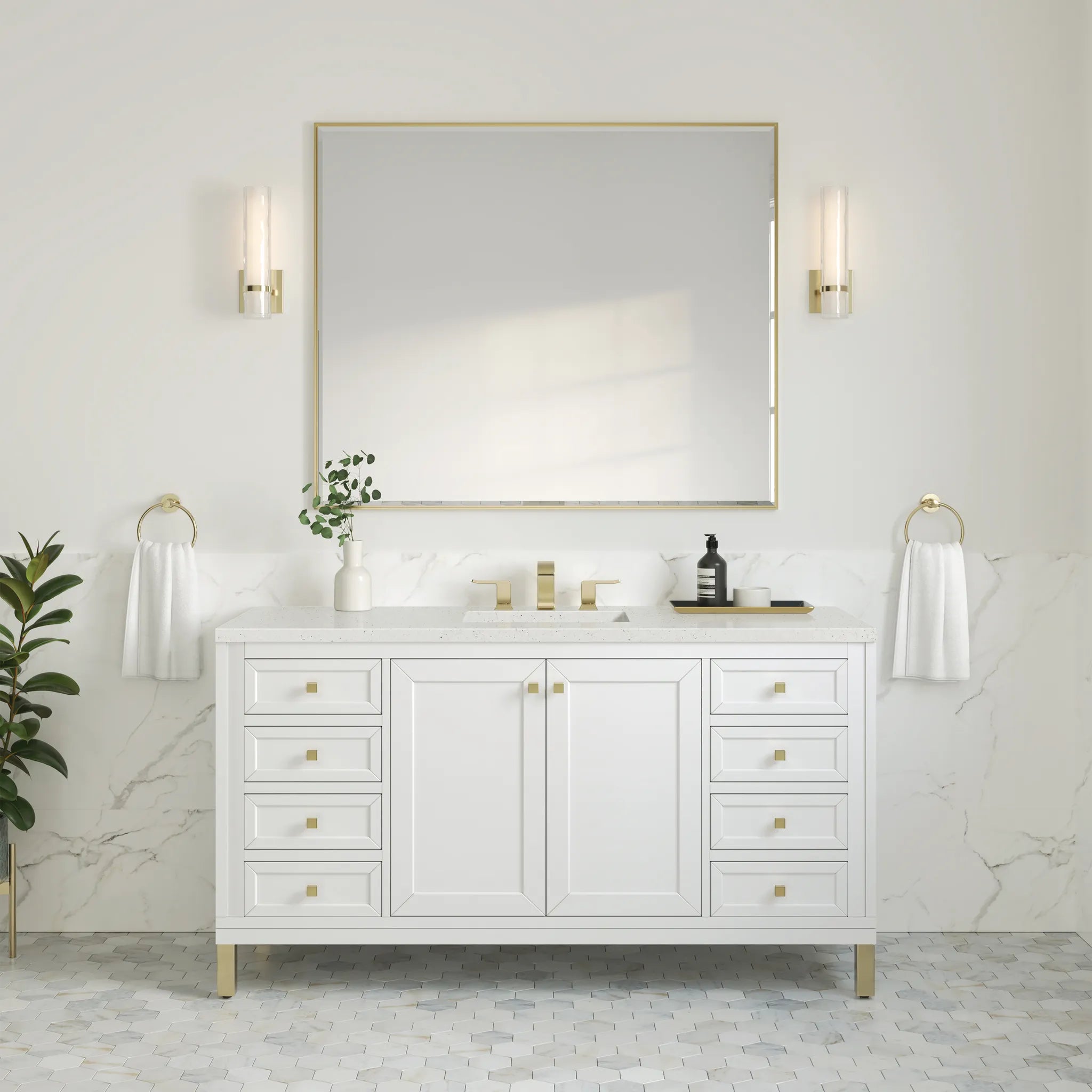 60" Chicago Single Vanity in Glossy White-Lime Delight Silestone-8" Widespread image 3