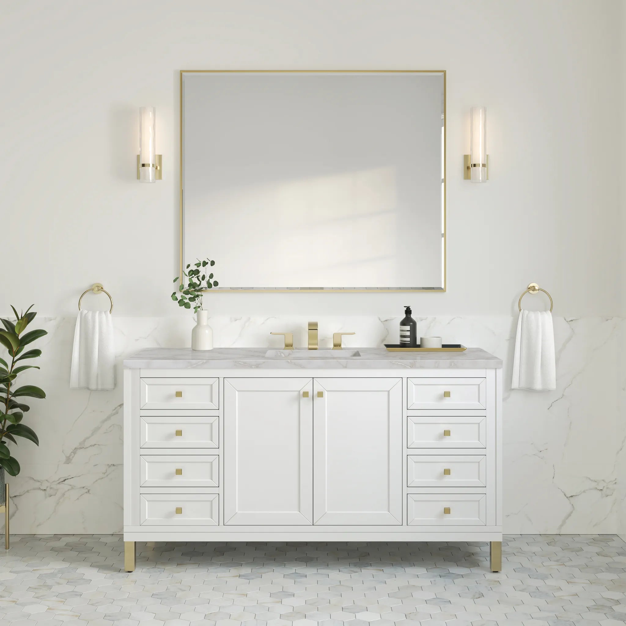 60" Chicago Single Vanity in Glossy White-Victorian Silver Silestone-8" Widespread image 3