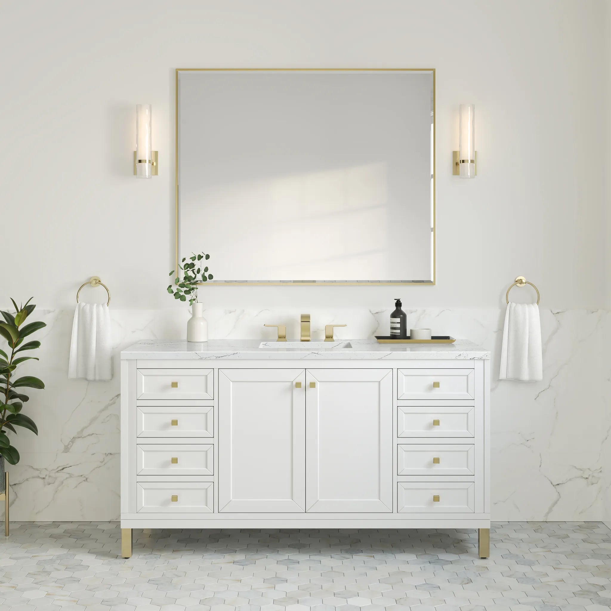 60" Chicago Single Vanity in Glossy White, w/FreePower Wireless Charger-Ethereal Noctis Silestone-8" Widespread image 4