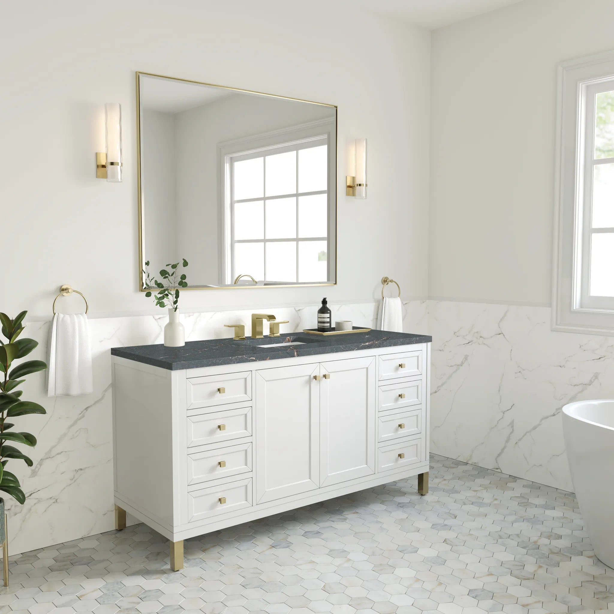 60" Chicago Single Vanity in Glossy White, w/FreePower Wireless Charger-Parisien Bleu Silestone-8" Widespread image 7