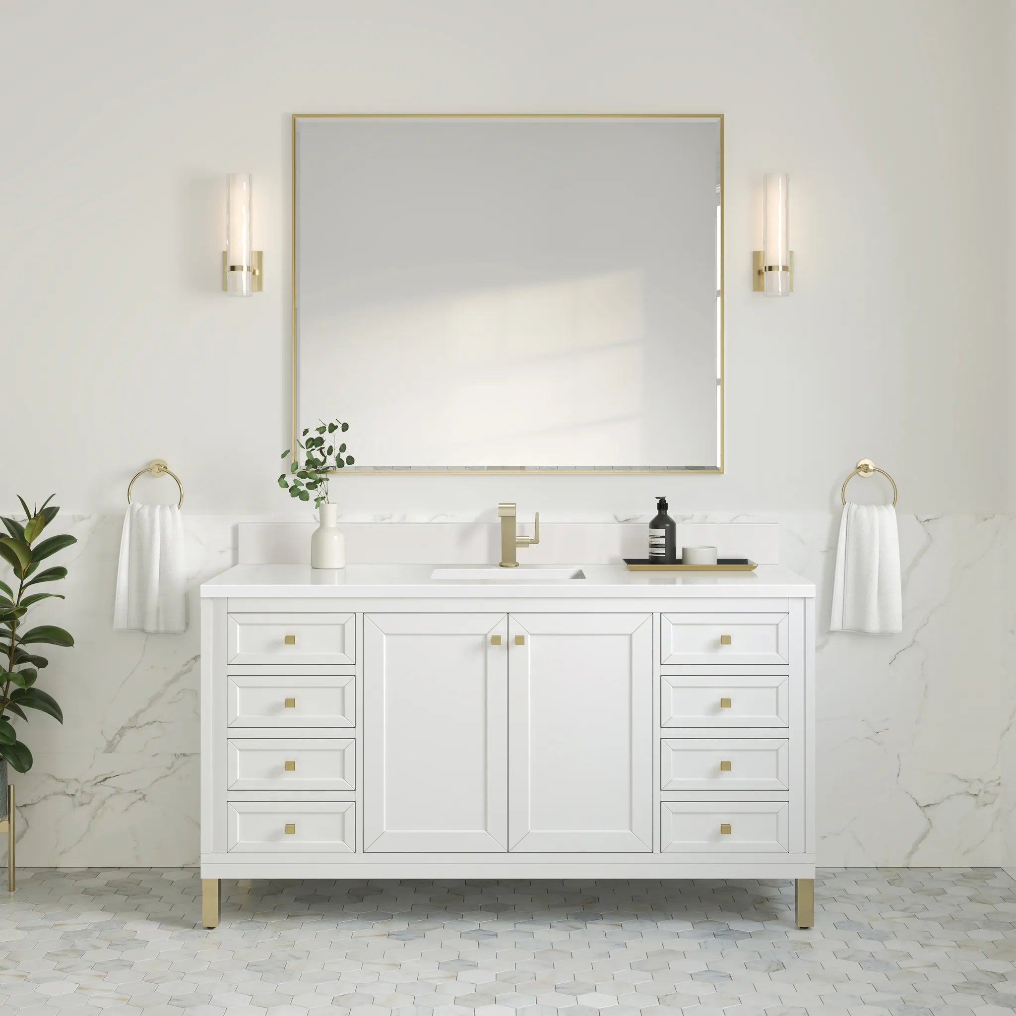 60" Chicago Single Vanity in Glossy White-White Zeus Silestone & Backsplash-Single Hole image 3
