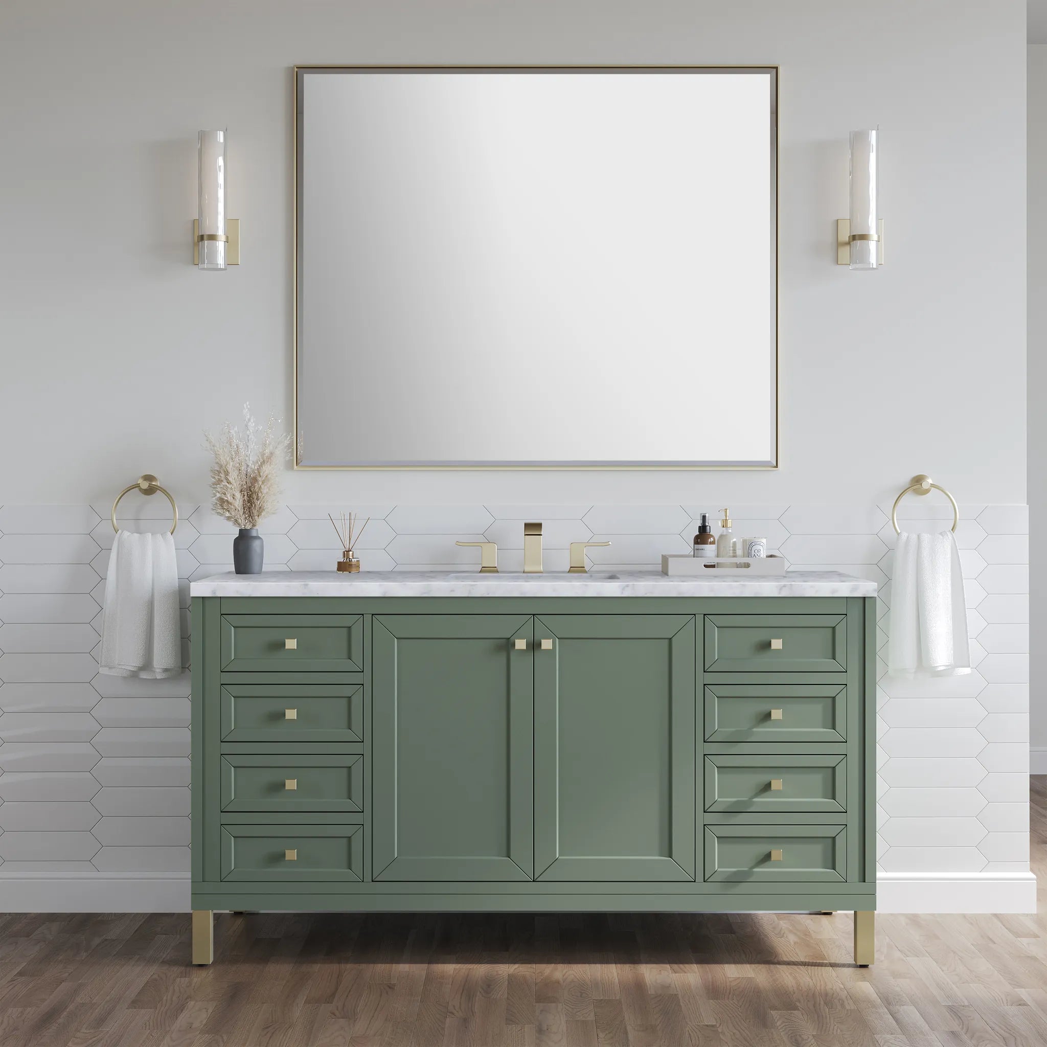 60" Chicago Single Vanity in Smokey Celadon-Carrara White Marble-8" Widespread image 4