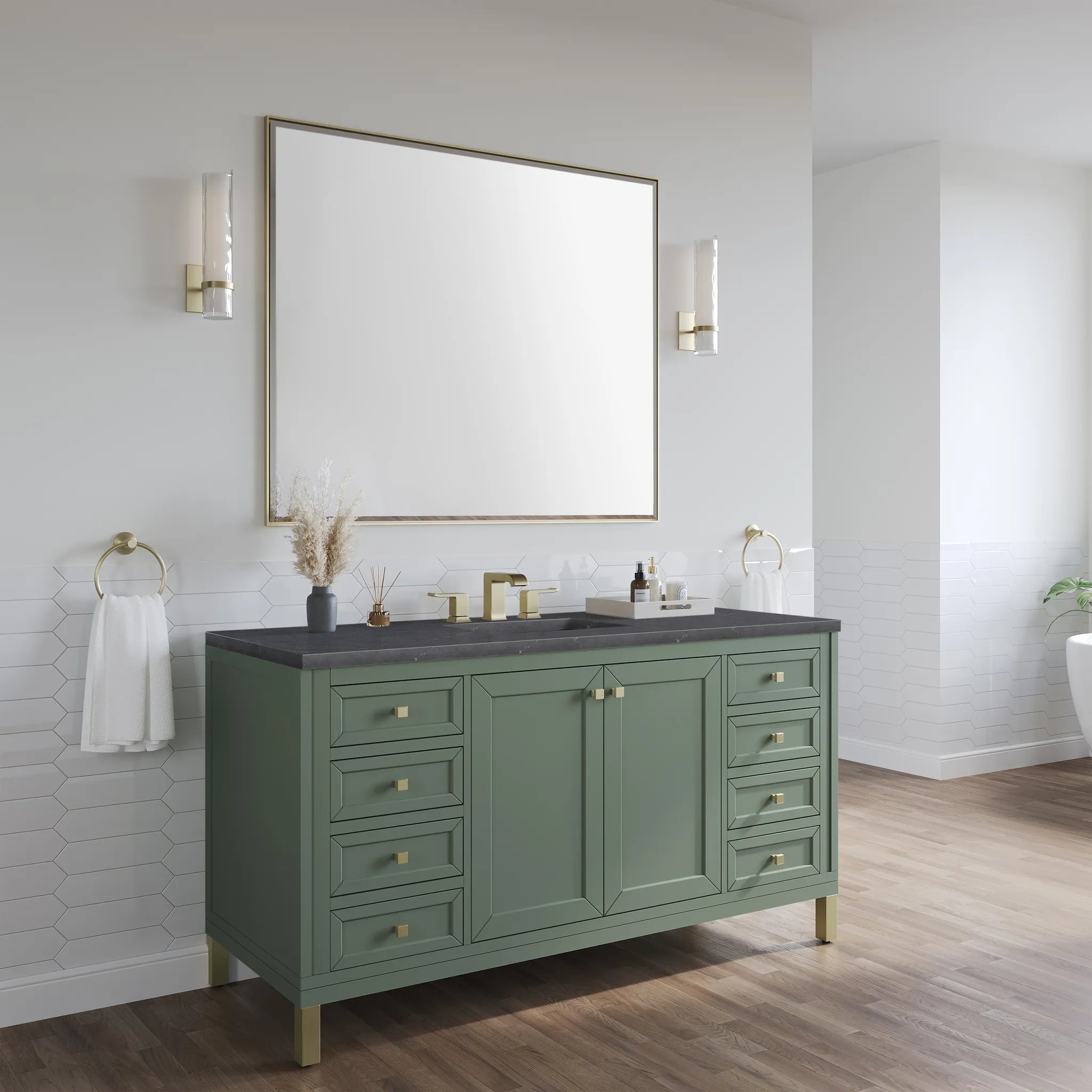 60" Chicago Single Vanity in Smokey Celadon-Charcoal Soapstone Silestone-8" Widespread image 5