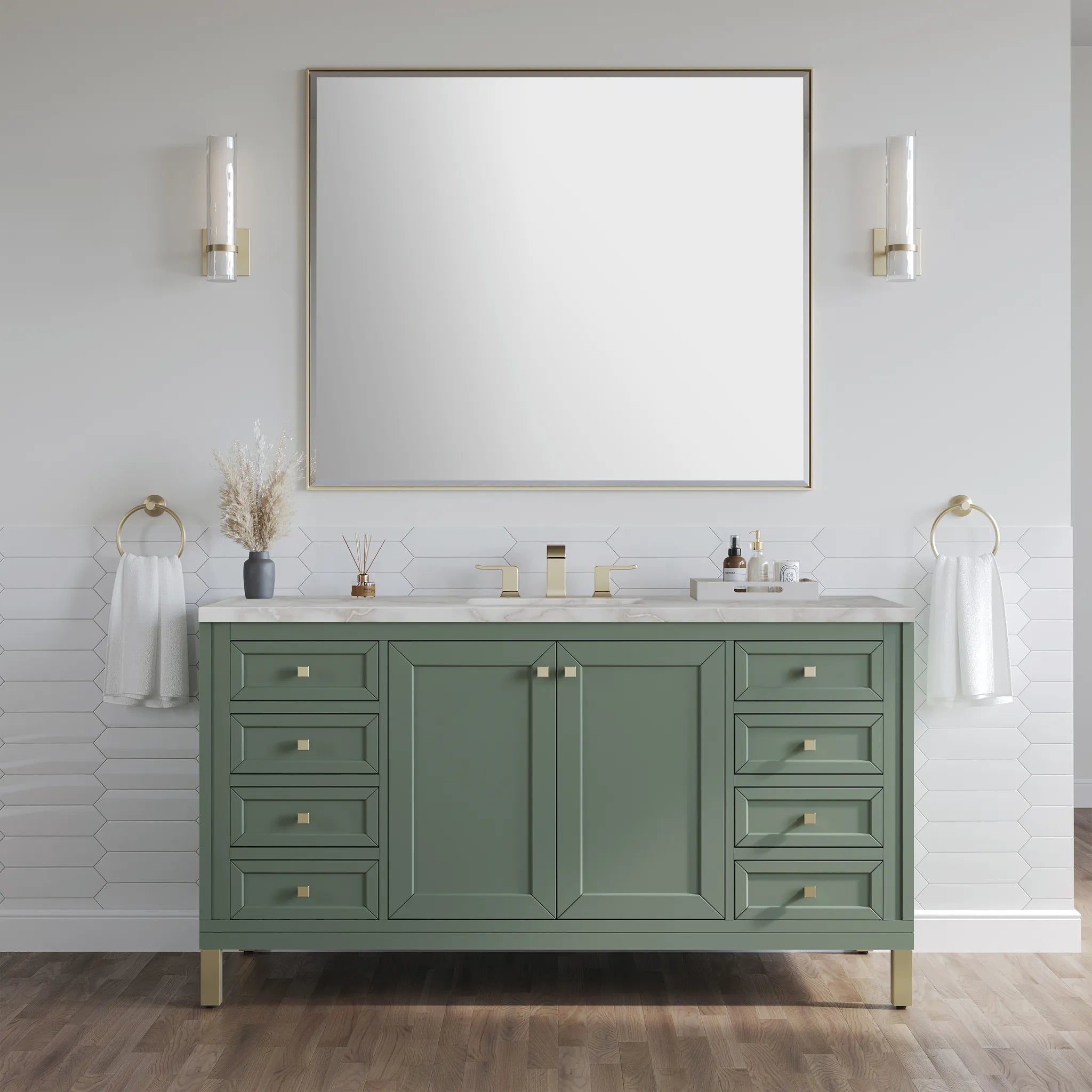 60" Chicago Single Vanity in Smokey Celadon-Victorian Silver Silestone-8" Widespread image 3
