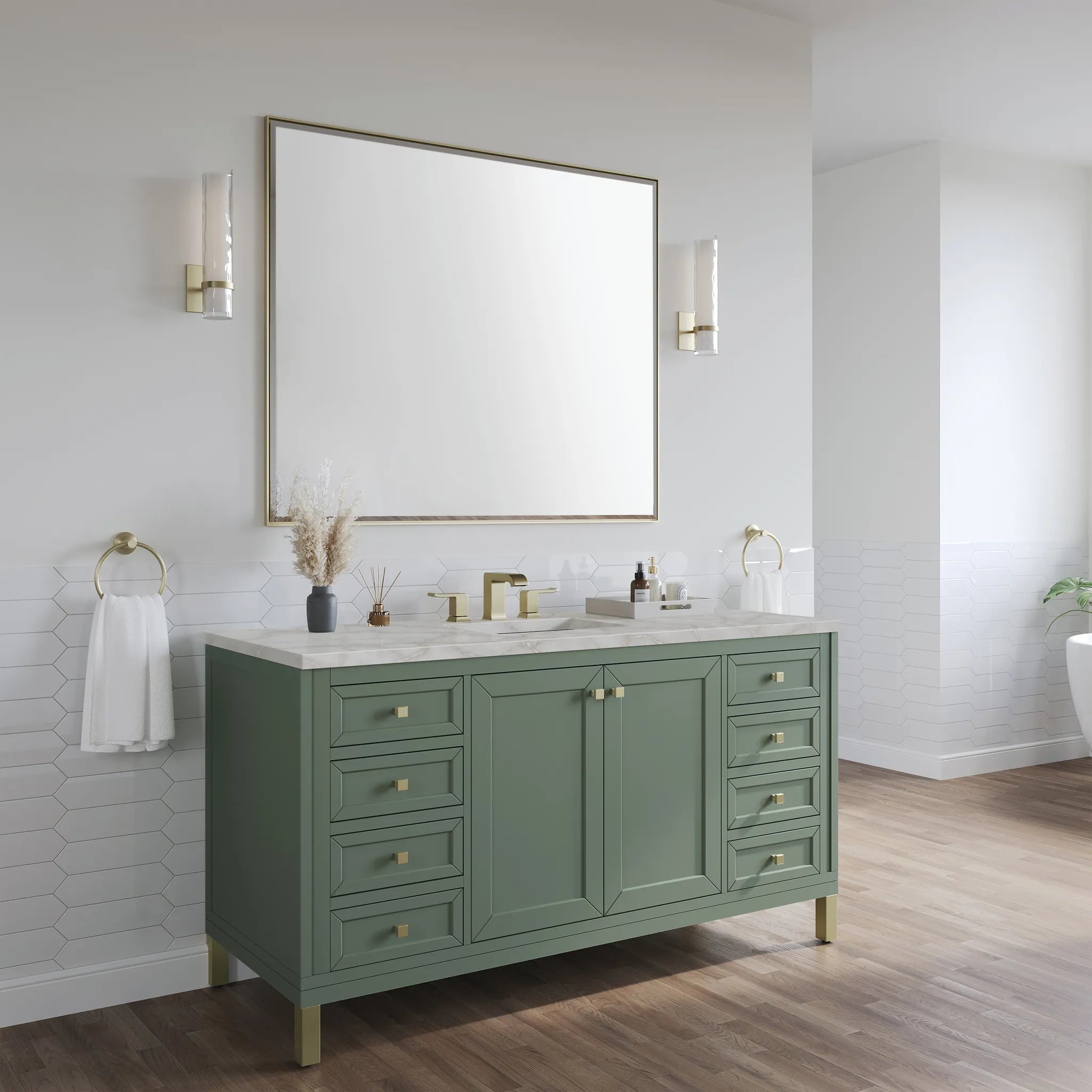 60" Chicago Single Vanity in Smokey Celadon-Victorian Silver Silestone-8" Widespread image 4