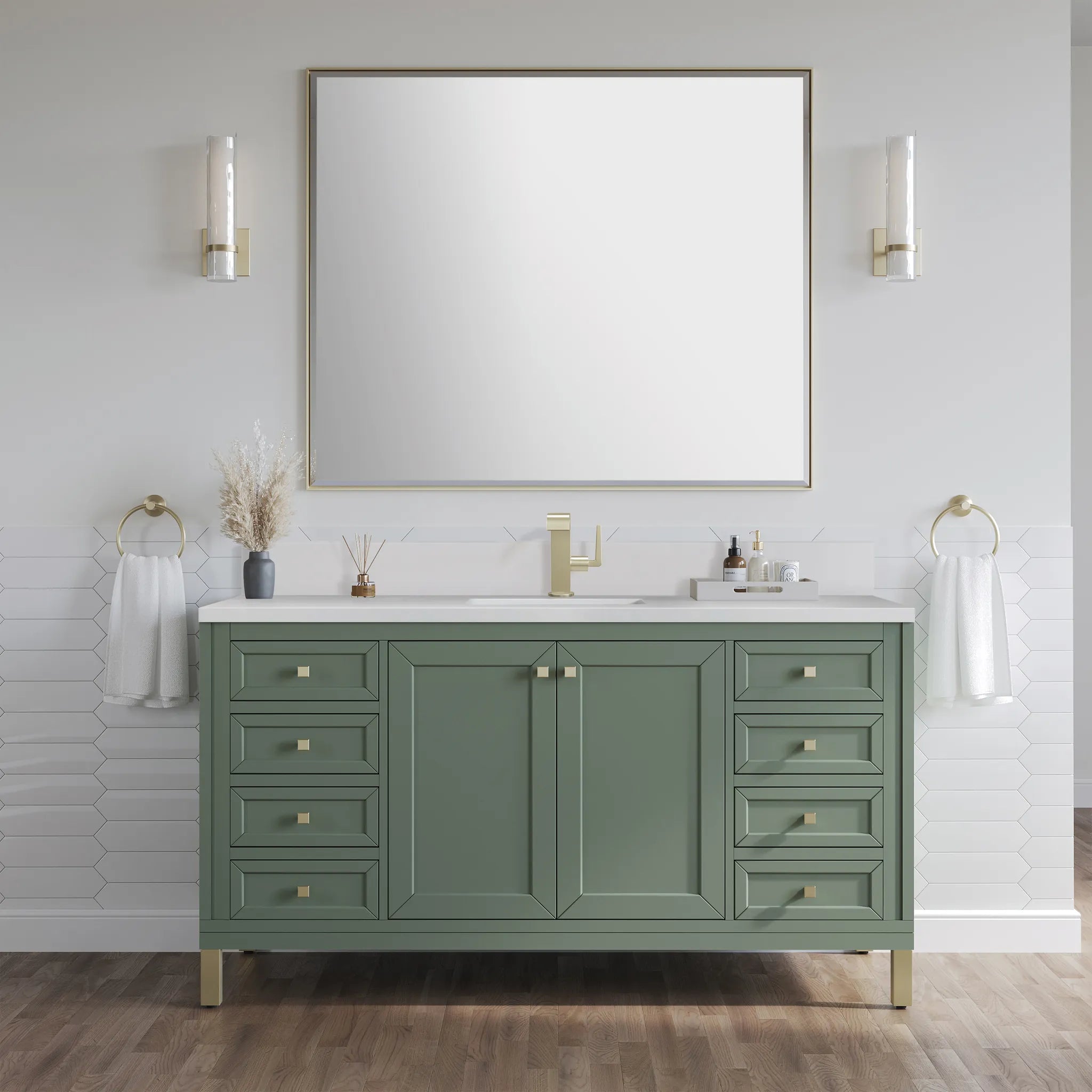 60" Chicago Single Vanity in Smokey Celadon-White Zeus Silestone & Backsplash-Single Hole image 3
