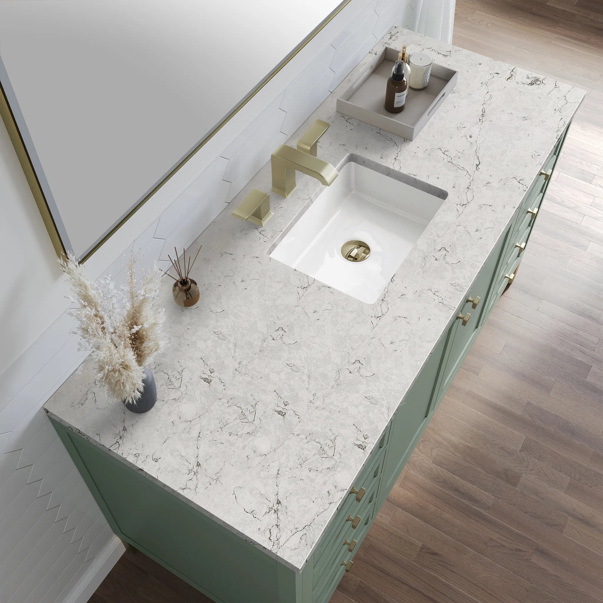 60" Chicago Single Vanity in Smokey Celadon, Wireless Charger-Eternal Jasmine Pearl Silestone-8" Widespread image 8