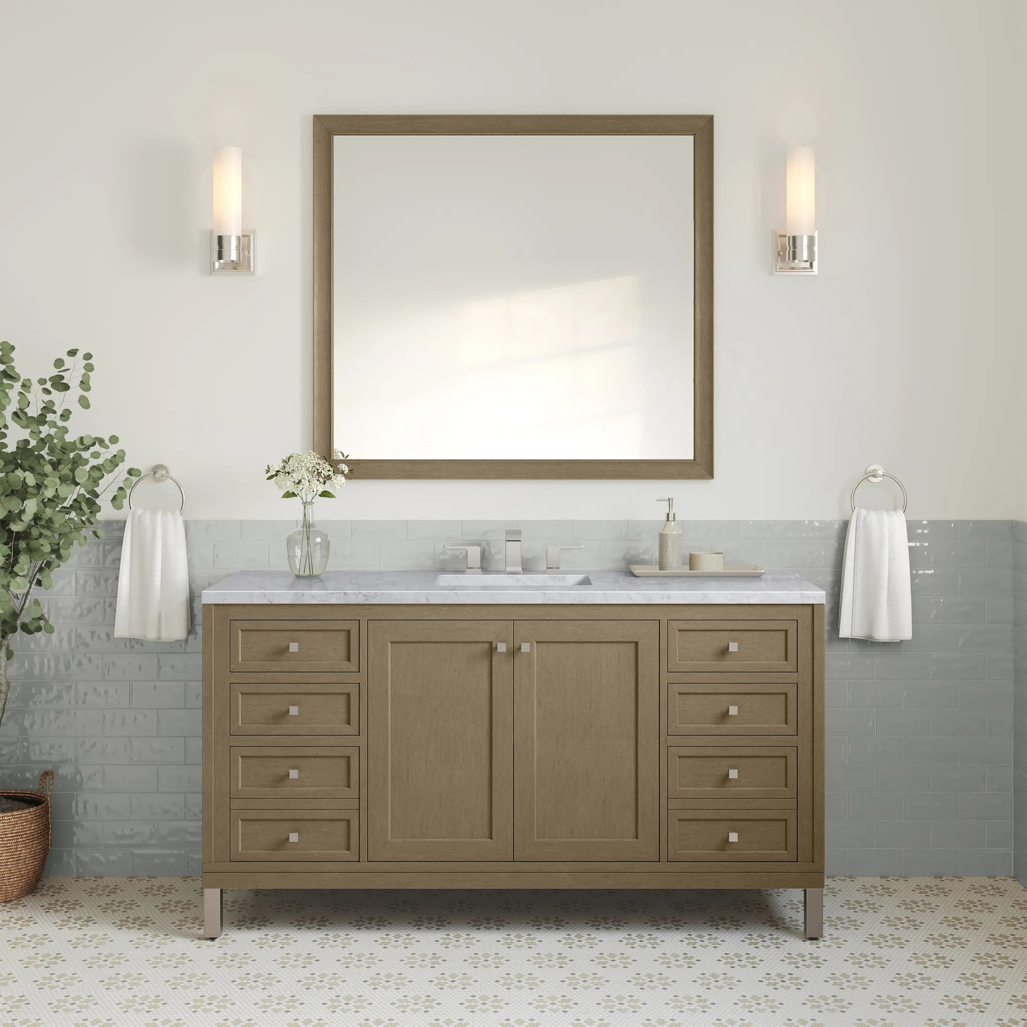 60" Chicago Single Vanity in Walnut Whisper-Carrara White Marble-8" Widespread image 5