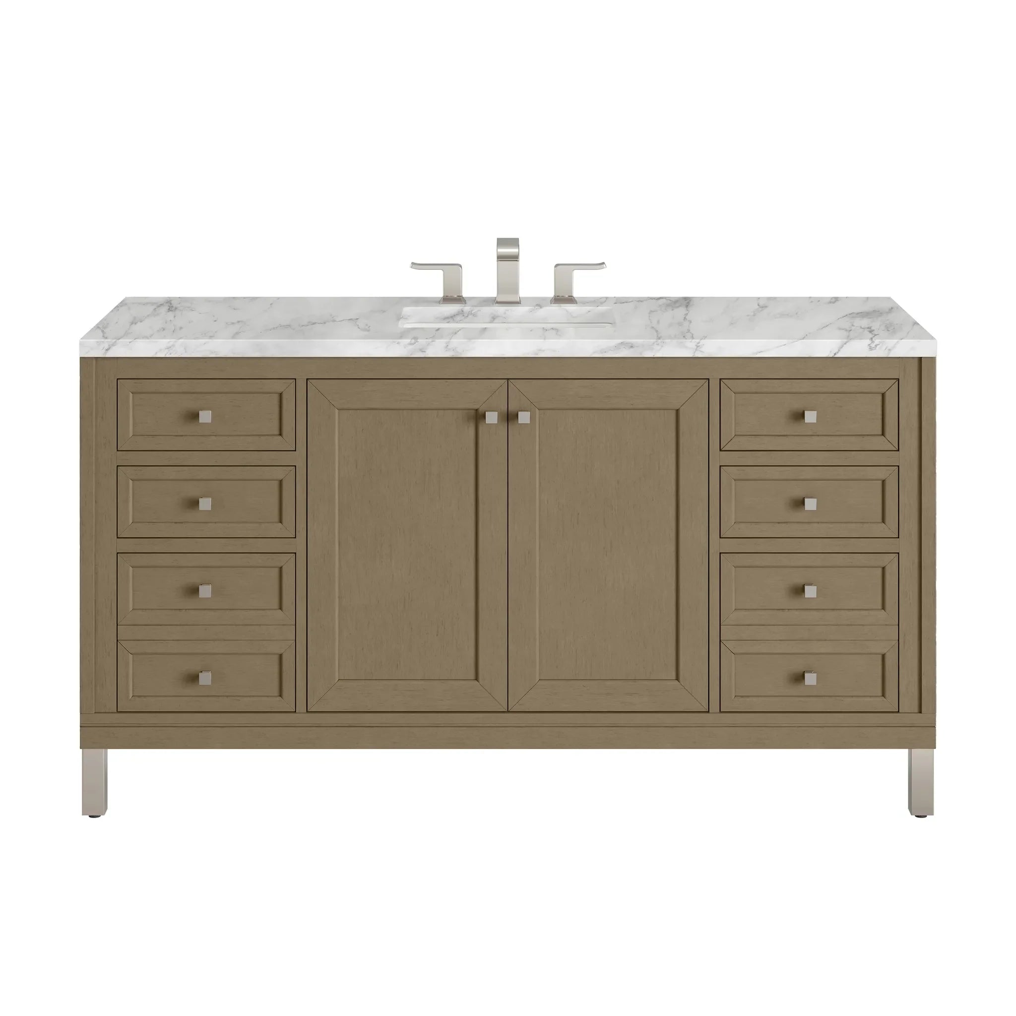 60" Chicago Single Vanity in Walnut Whisper-Carrara White Marble-8" Widespread image