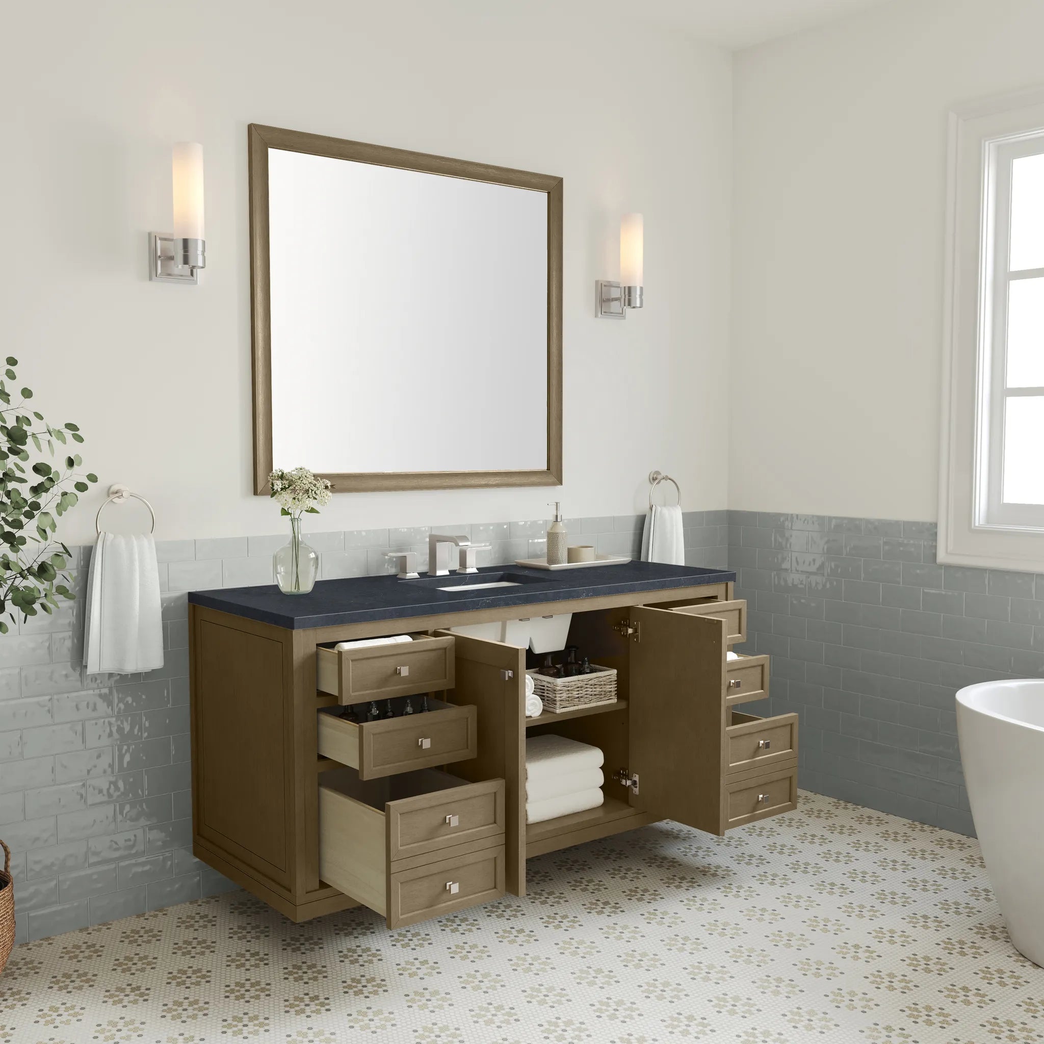60" Chicago Single Vanity in Walnut Whisper-Charcoal Soapstone Silestone-8" Widespread image 10