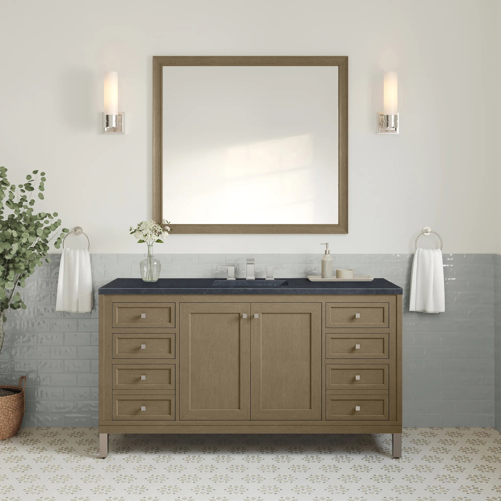 60" Chicago Single Vanity in Walnut Whisper-Charcoal Soapstone Silestone-8" Widespread image 5