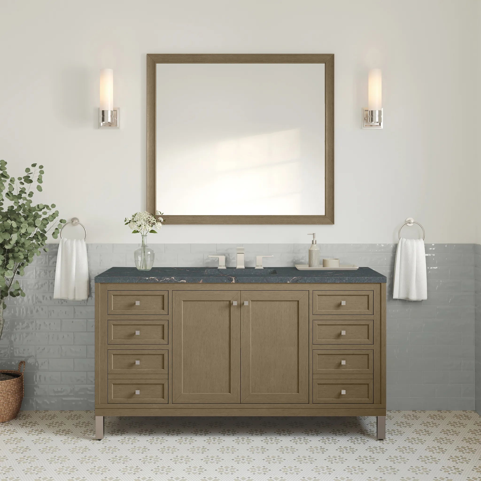 60" Chicago Single Vanity in Walnut Whisper-Parisien Bleu Silestone-8" Widespread image 2
