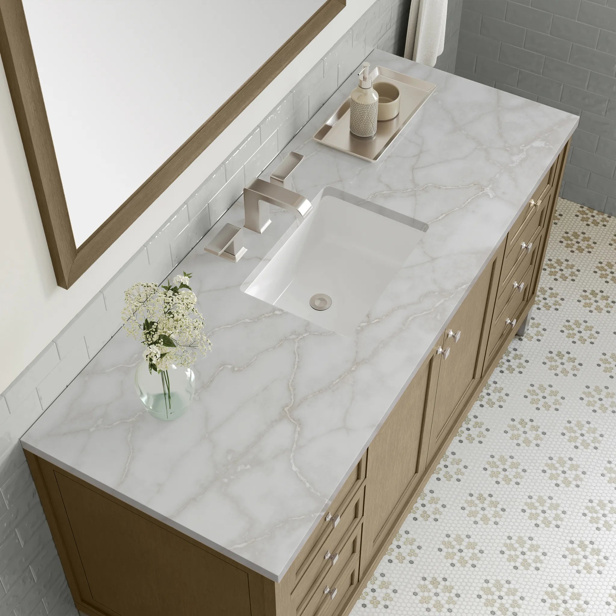 60" Chicago Single Vanity in Walnut Whisper, w/FreePower Wireless Charger-Victorian Silver Silestone-8" Widespread image 8