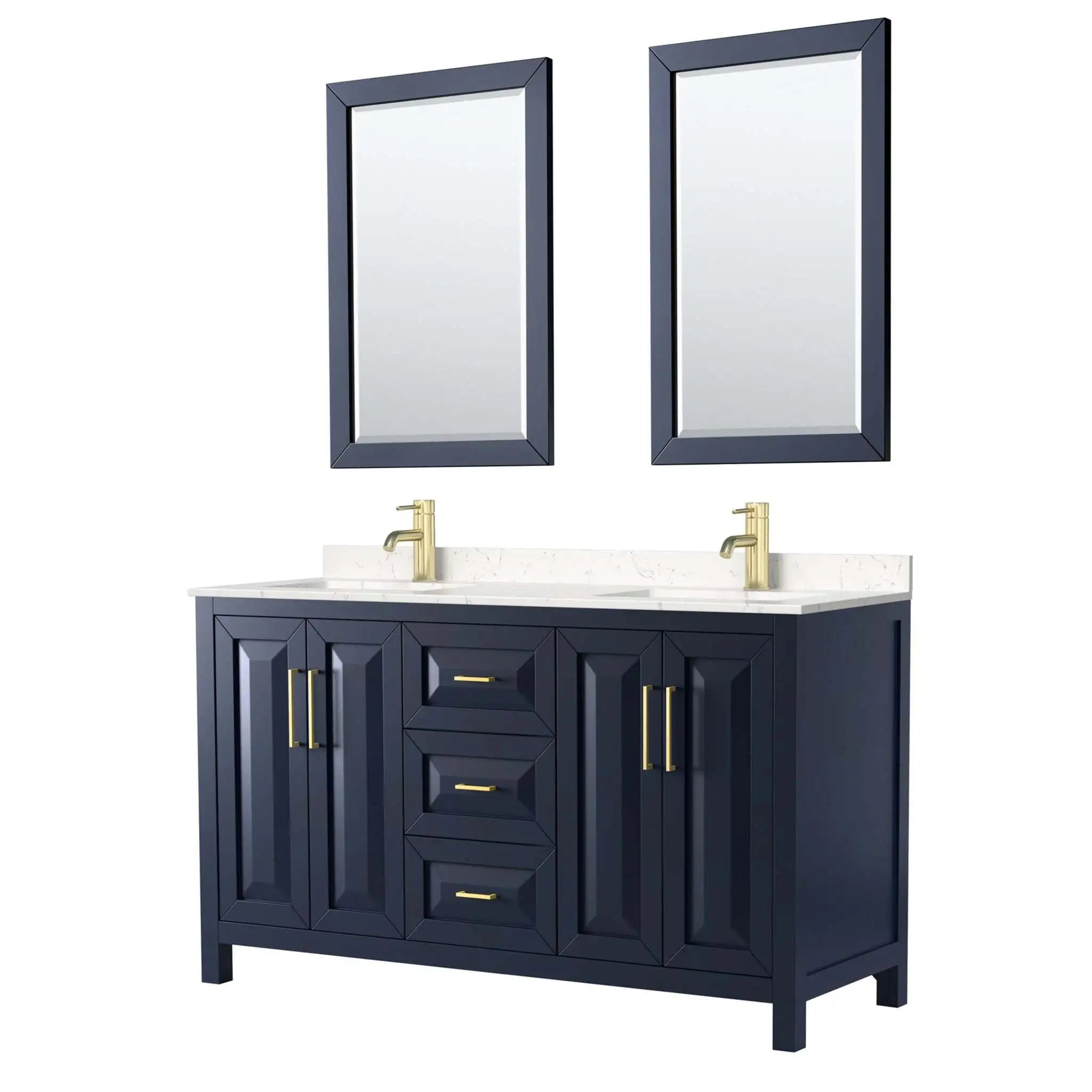 60" Daria Double Bathroom Vanity in Dark Blue with Brushed Gold Trim & 24" Mirror by Wyndham