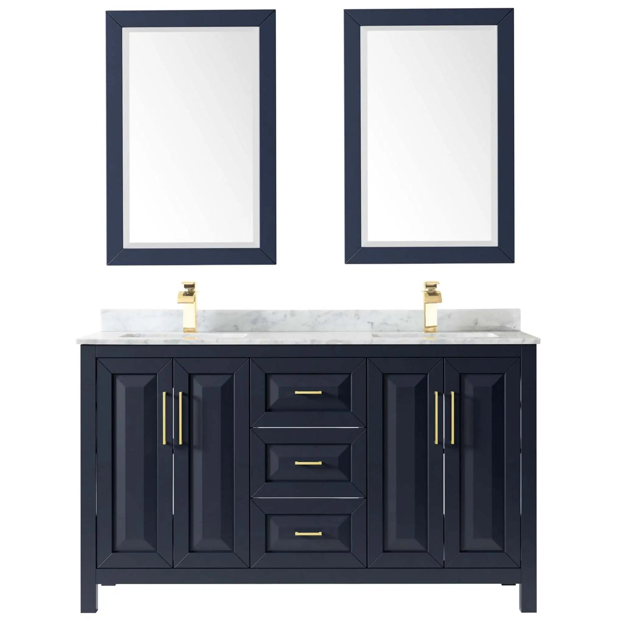 60" Daria Double Bathroom Vanity in Dark Blue with Brushed Gold Trim & 24" Mirror by Wyndham