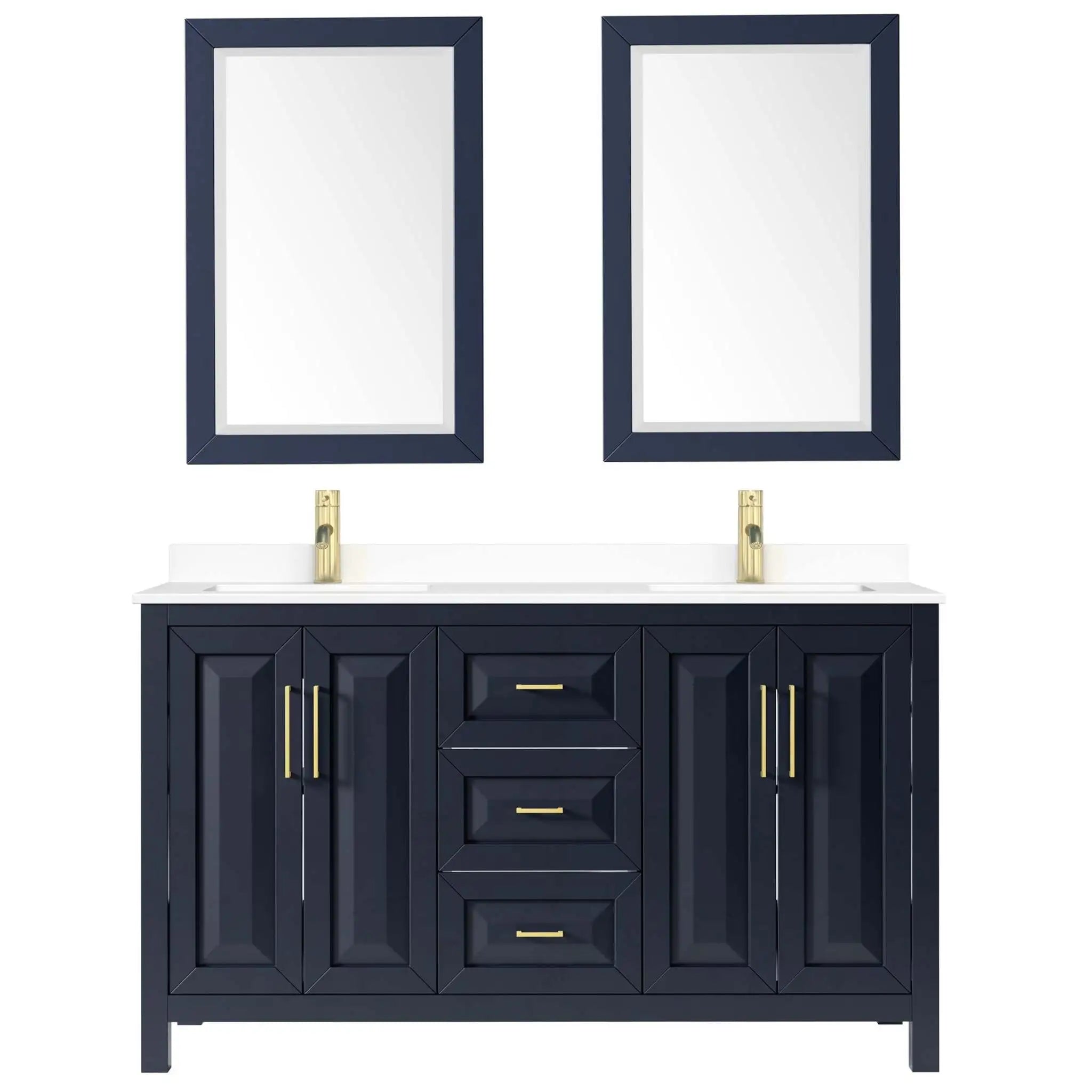 60" Daria Double Bathroom Vanity in Dark Blue with Brushed Gold Trim & 24" Mirror by Wyndham