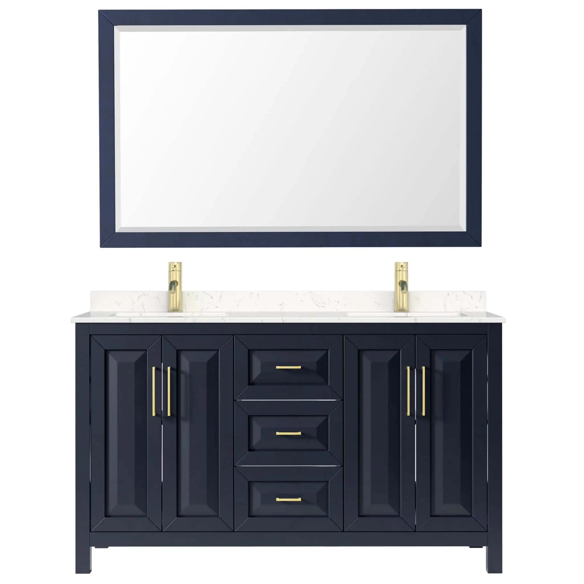 60" Daria Double Bathroom Vanity in Dark Blue with Brushed Gold Trim & 58" Mirror by Wyndham