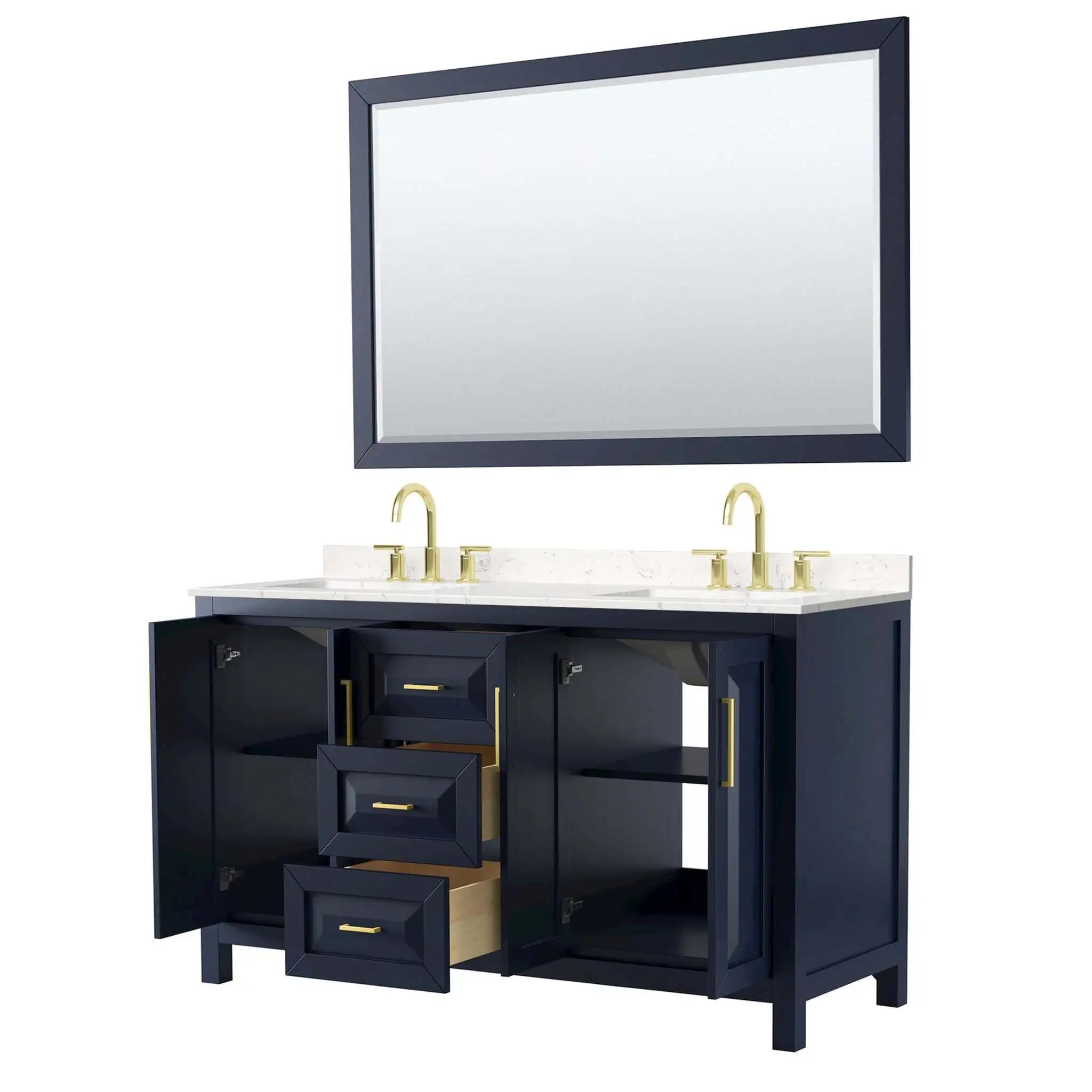 60" Daria Double Bathroom Vanity in Dark Blue with Brushed Gold Trim & 58" Mirror by Wyndham