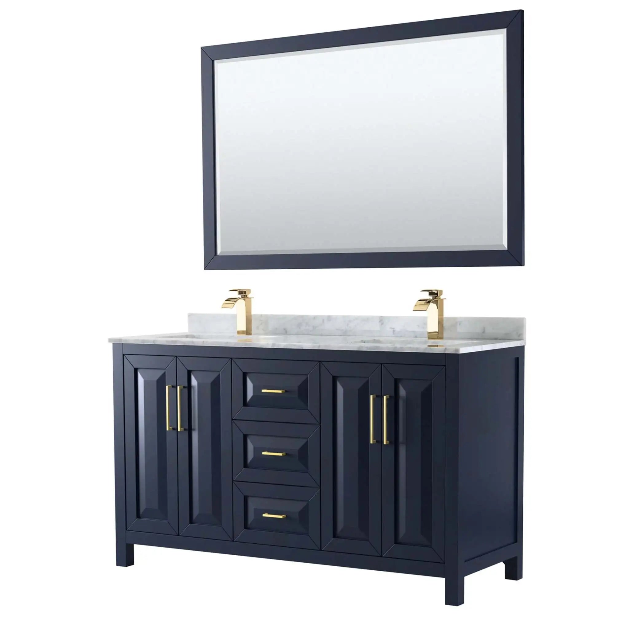 60" Daria Double Bathroom Vanity in Dark Blue with Brushed Gold Trim & 58" Mirror by Wyndham