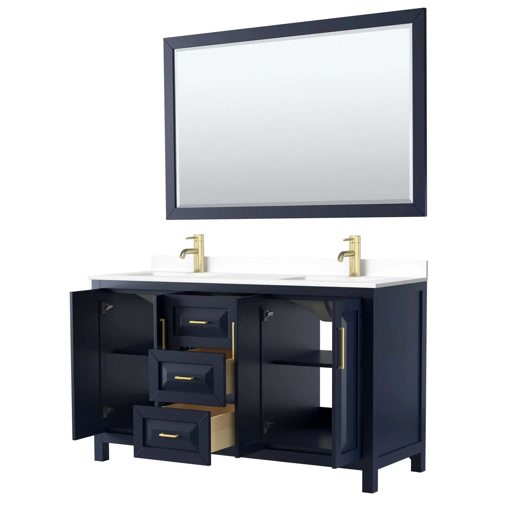 60" Daria Double Bathroom Vanity in Dark Blue with Brushed Gold Trim & 58" Mirror by Wyndham