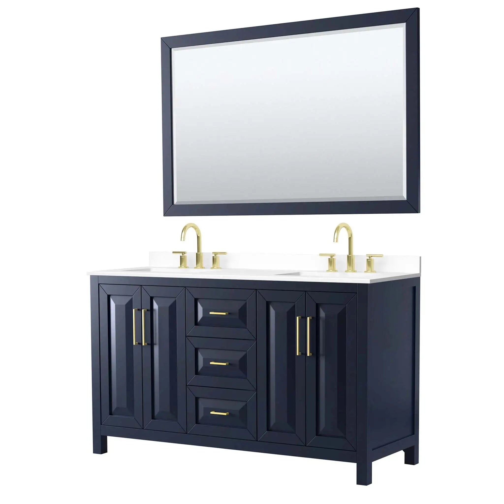 60" Daria Double Bathroom Vanity in Dark Blue with Brushed Gold Trim & 58" Mirror by Wyndham