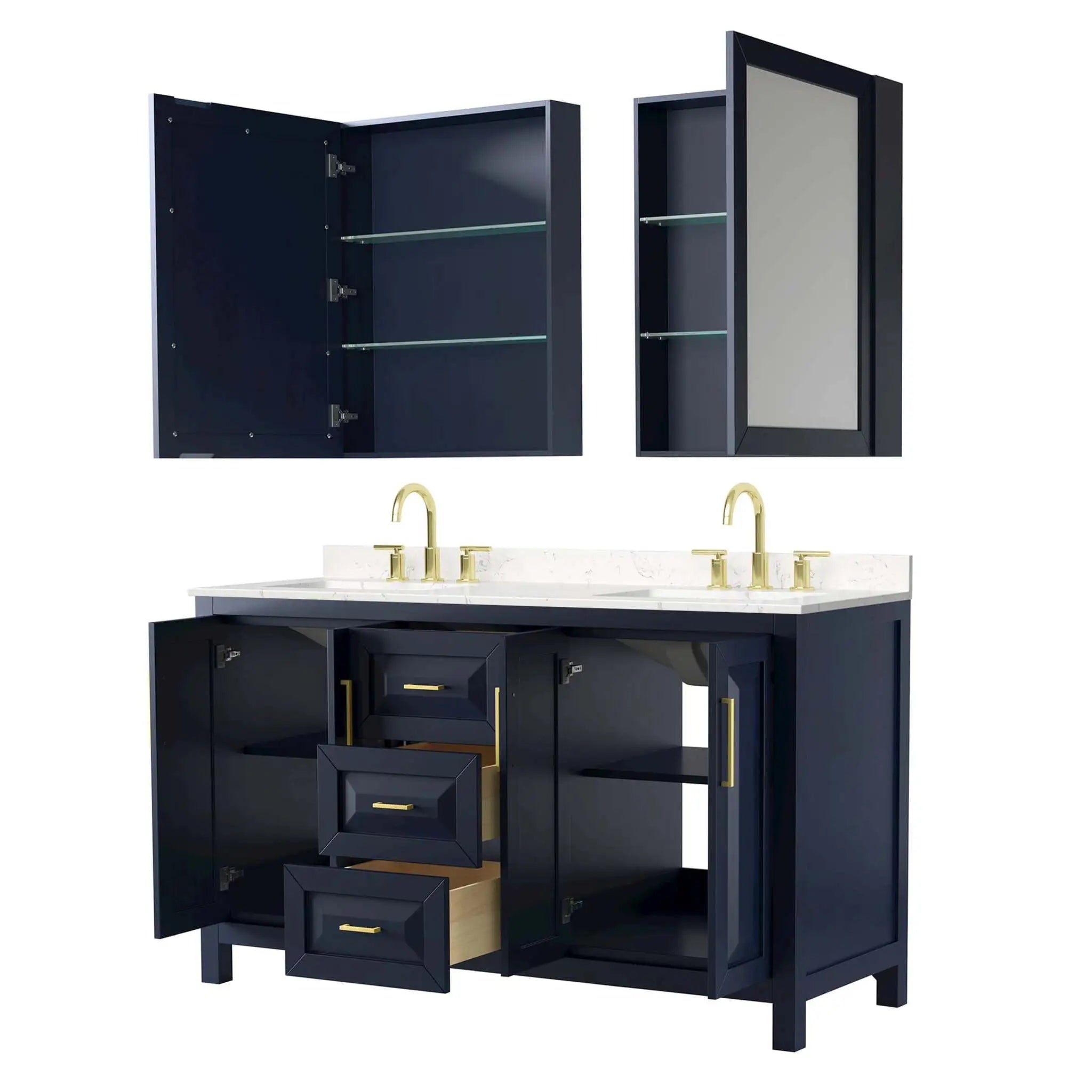 60" Daria Double Bathroom Vanity in Dark Blue with Brushed Gold Trim & Medicine Cabinet by Wyndham