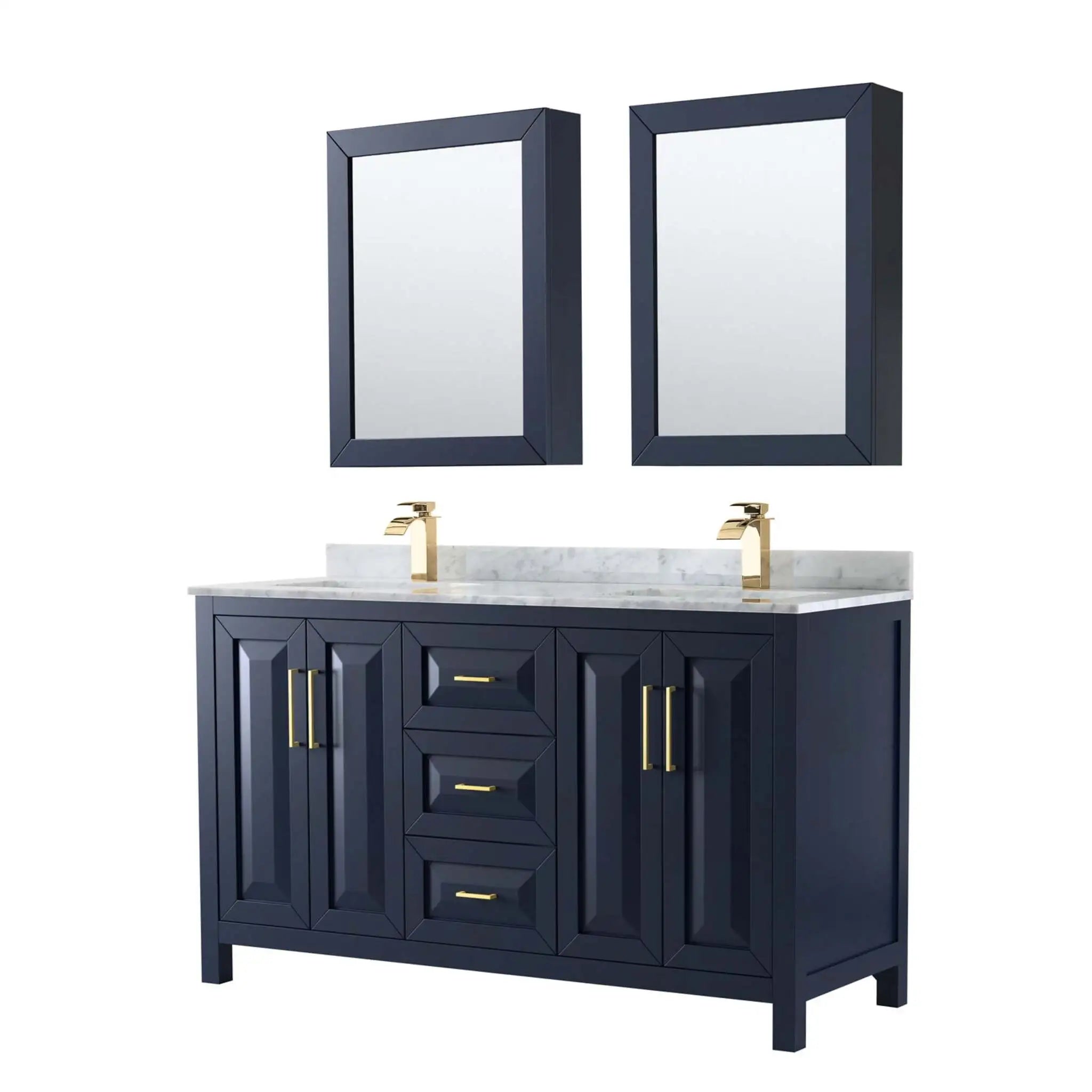 60" Daria Double Bathroom Vanity in Dark Blue with Brushed Gold Trim & Medicine Cabinet by Wyndham