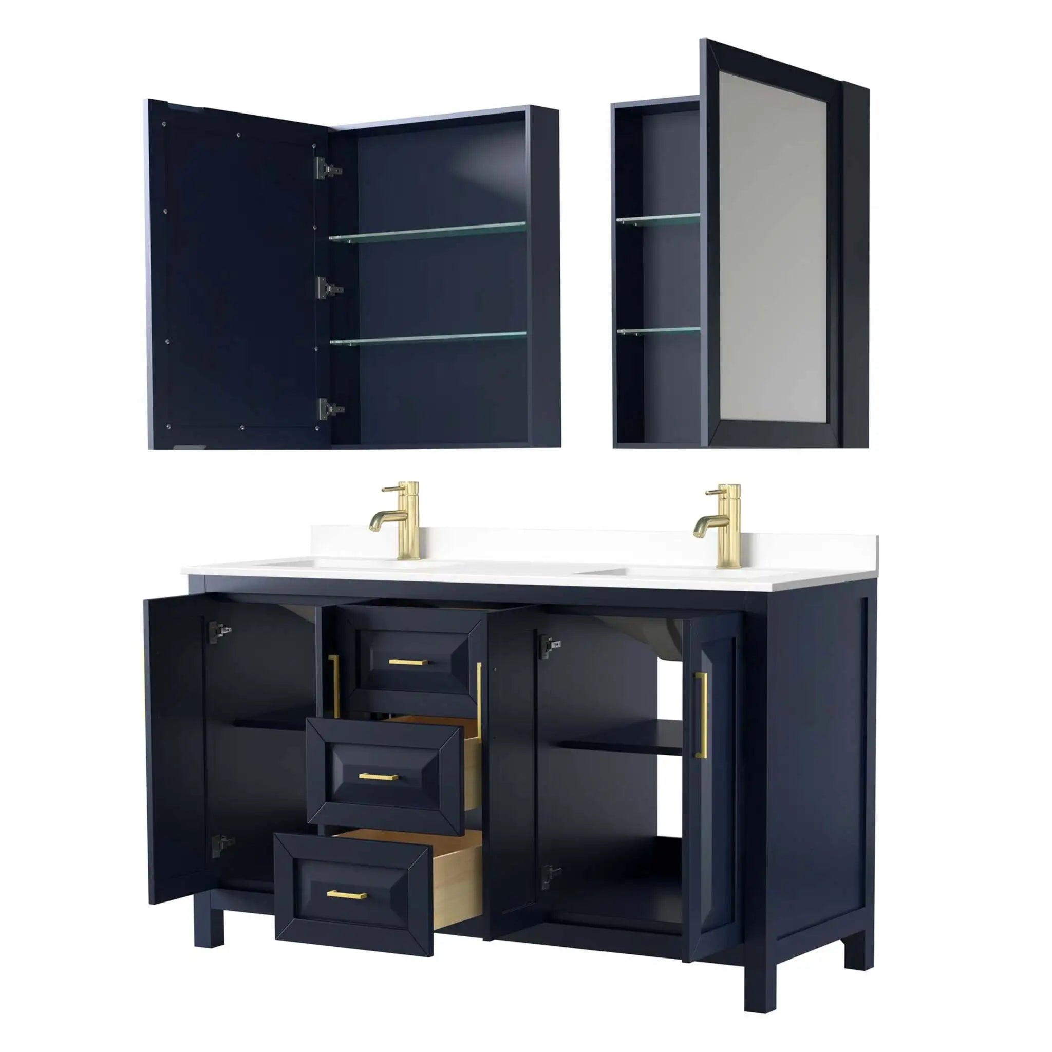 60" Daria Double Bathroom Vanity in Dark Blue with Brushed Gold Trim & Medicine Cabinet by Wyndham