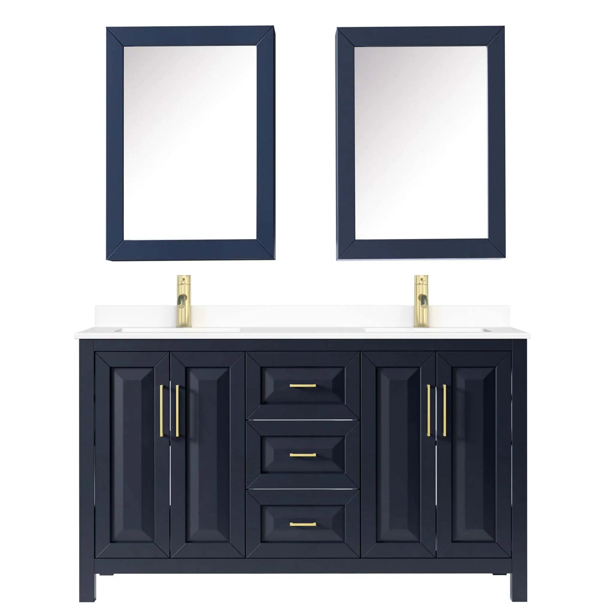 60" Daria Double Bathroom Vanity in Dark Blue with Brushed Gold Trim & Medicine Cabinet by Wyndham