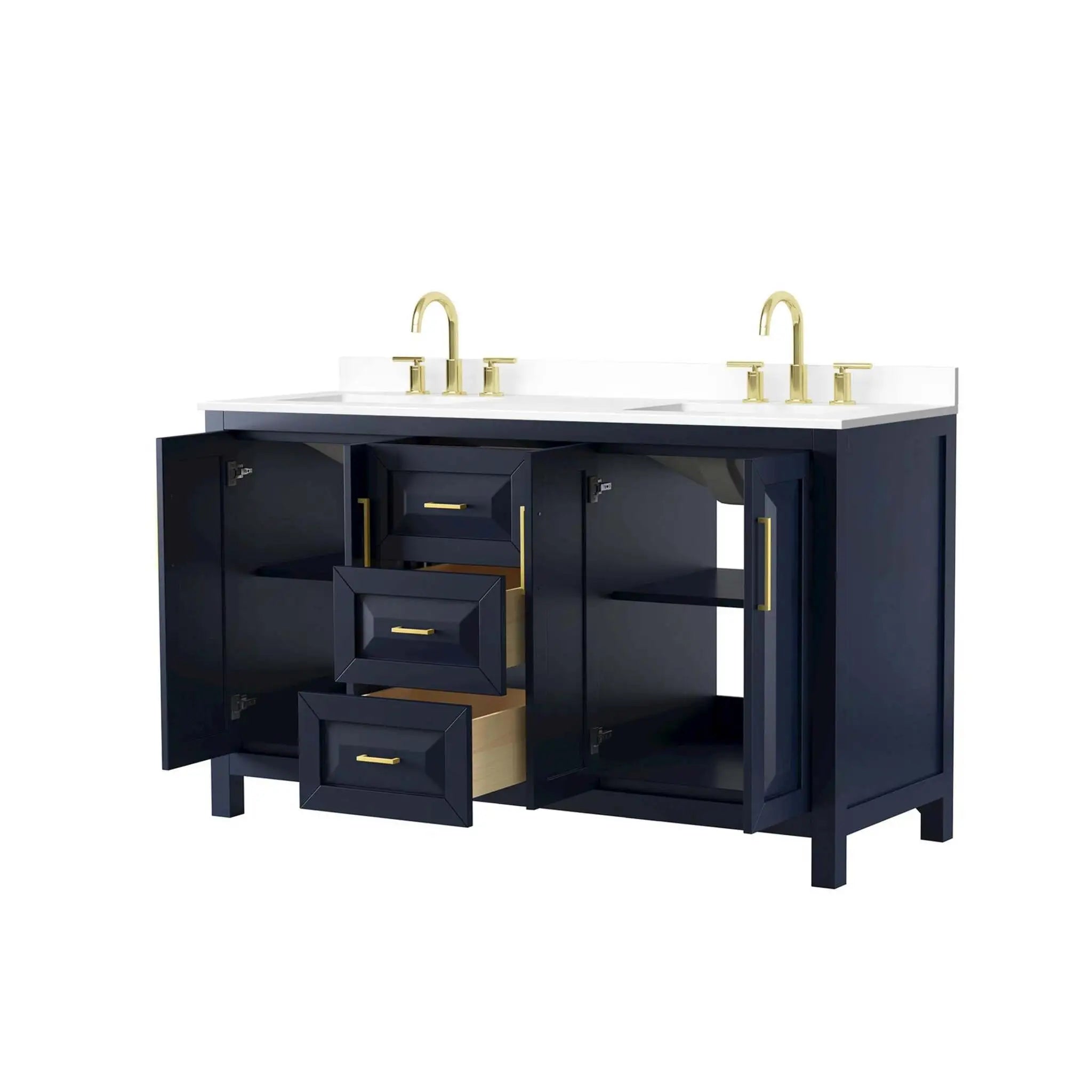 60" Daria Double Bathroom Vanity in Dark Blue with Brushed Gold Trim by Wyndham