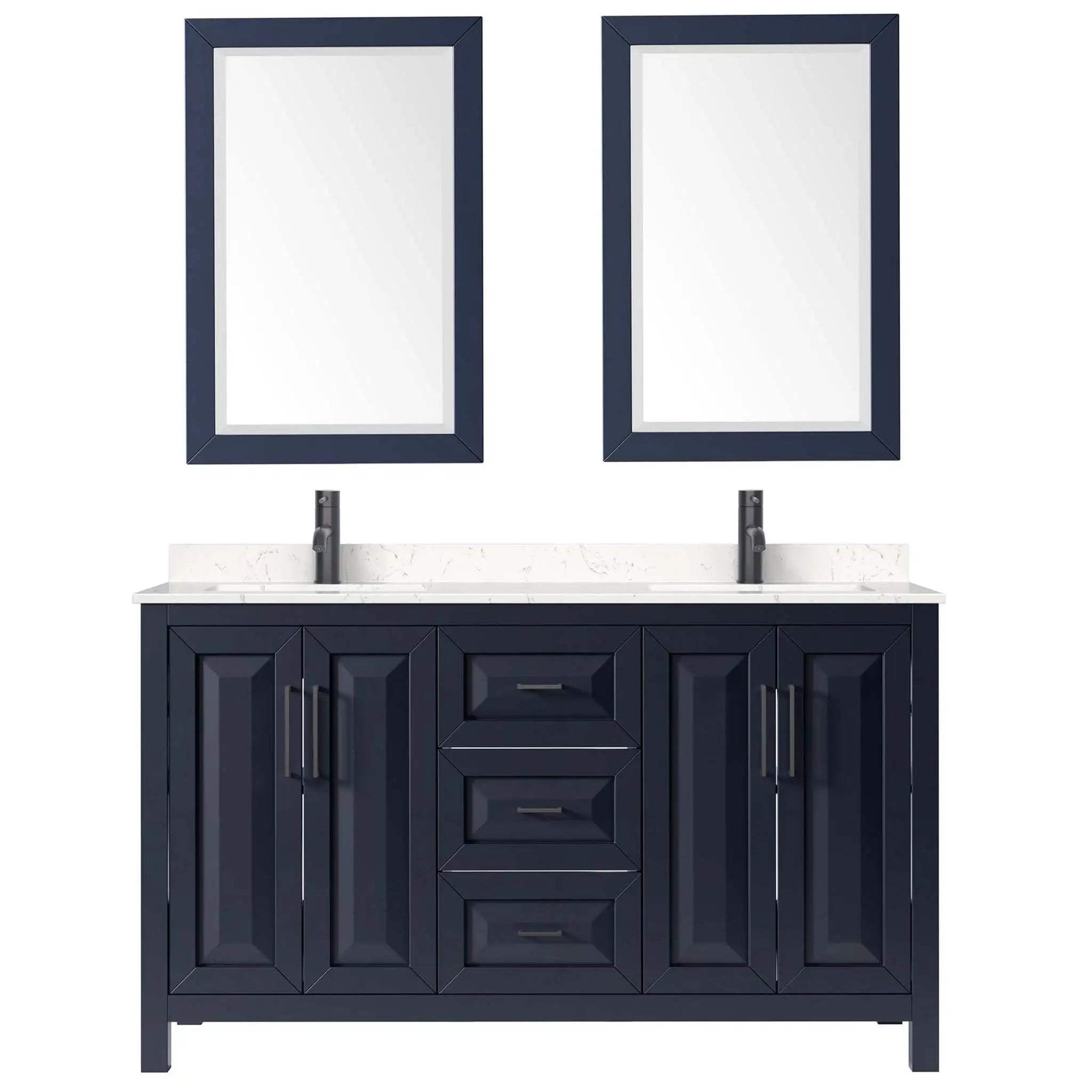 60" Daria Double Bathroom Vanity in Dark Blue with Matte Black Trim & 24" Mirror by Wyndham