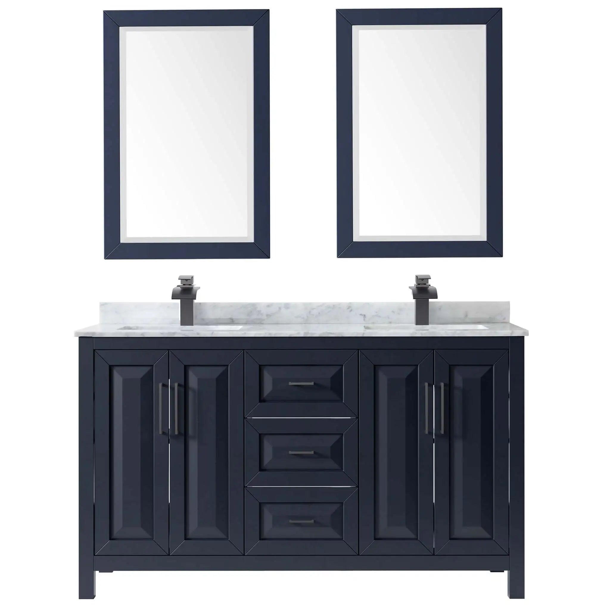 60" Daria Double Bathroom Vanity in Dark Blue with Matte Black Trim & 24" Mirror by Wyndham