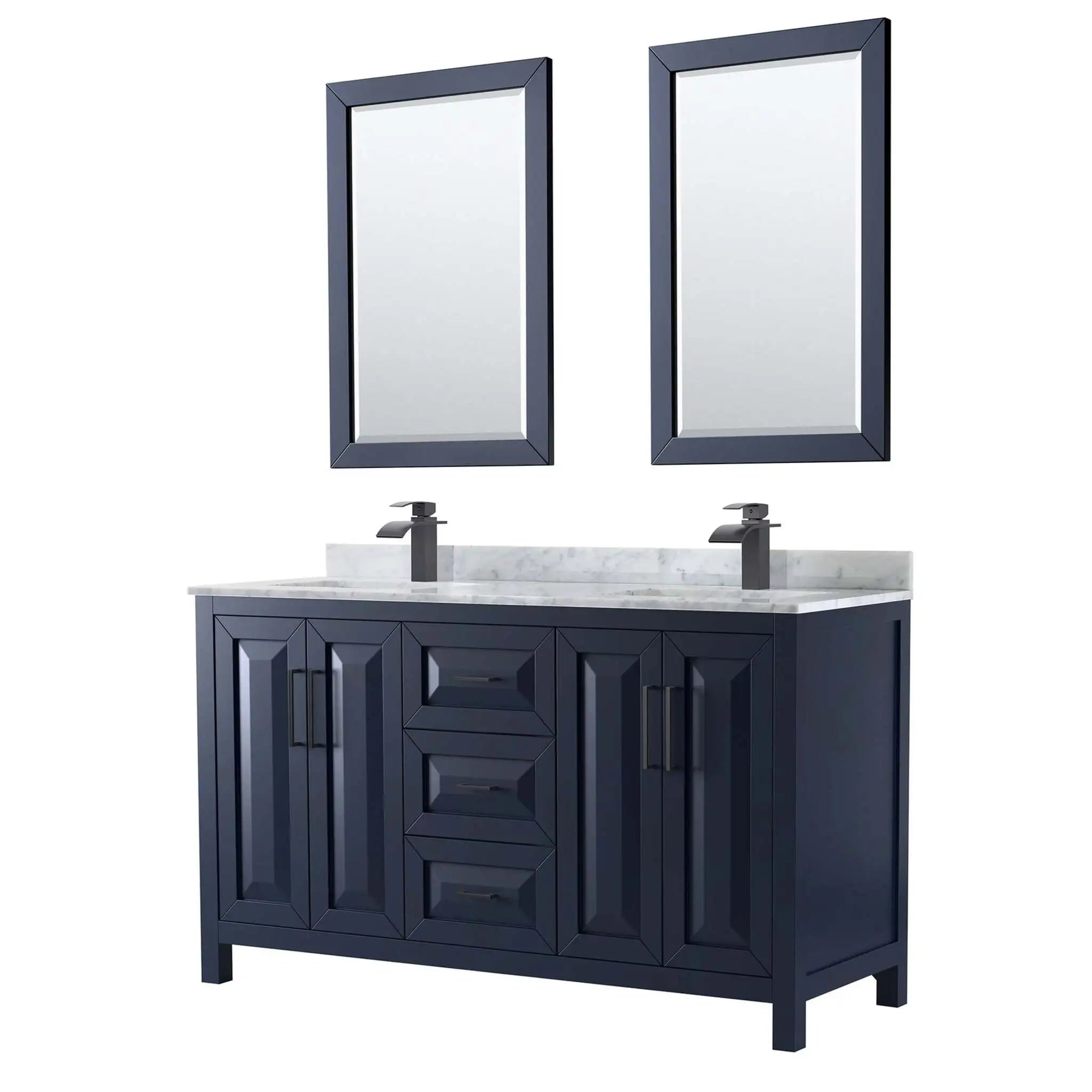 60" Daria Double Bathroom Vanity in Dark Blue with Matte Black Trim & 24" Mirror by Wyndham