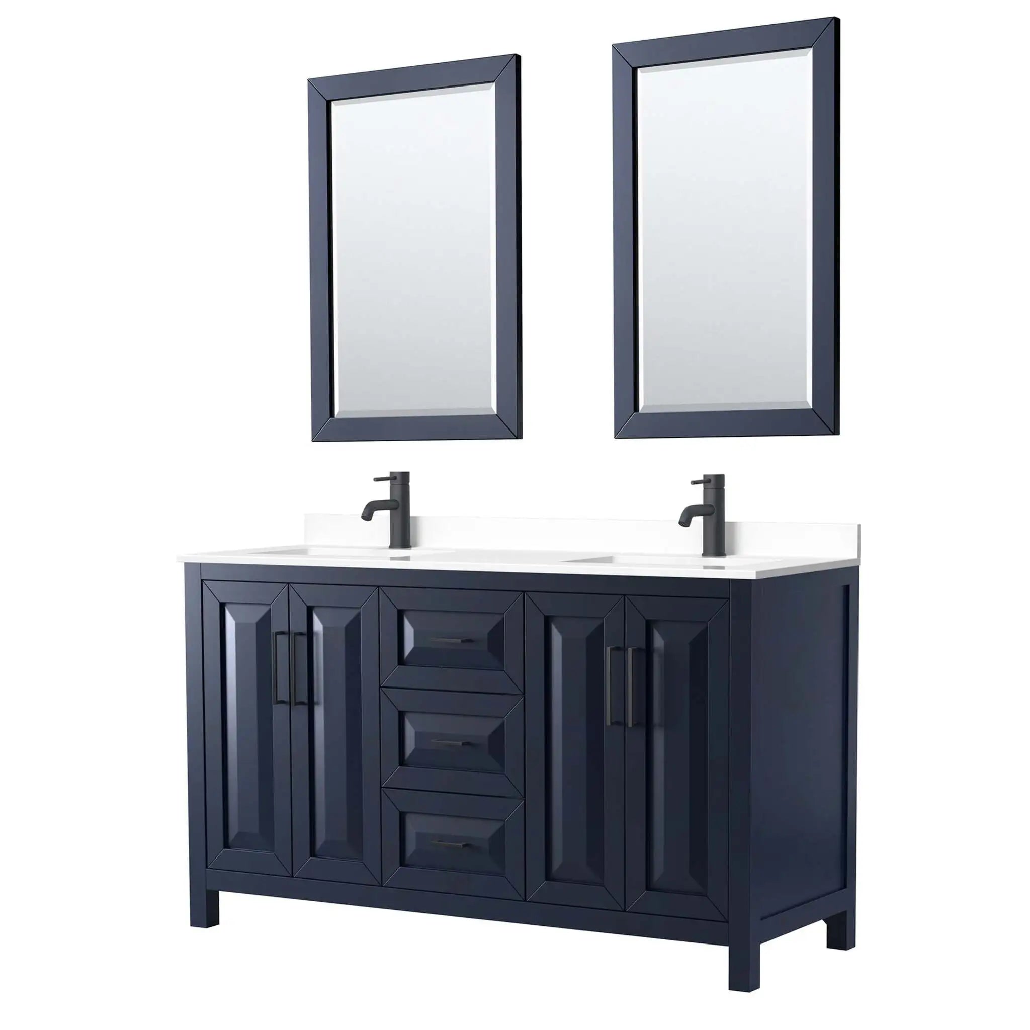 60" Daria Double Bathroom Vanity in Dark Blue with Matte Black Trim & 24" Mirror by Wyndham