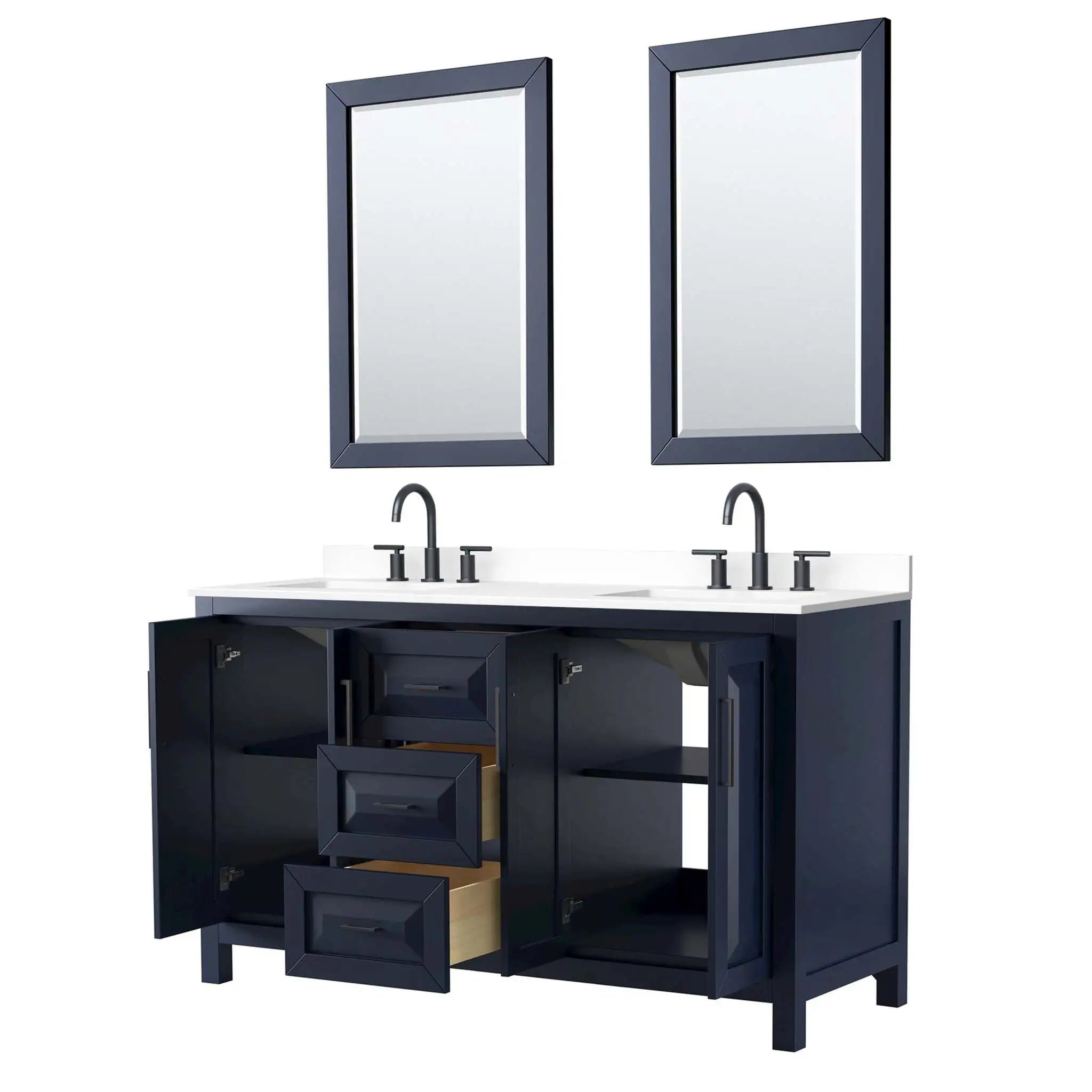 60" Daria Double Bathroom Vanity in Dark Blue with Matte Black Trim & 24" Mirror by Wyndham