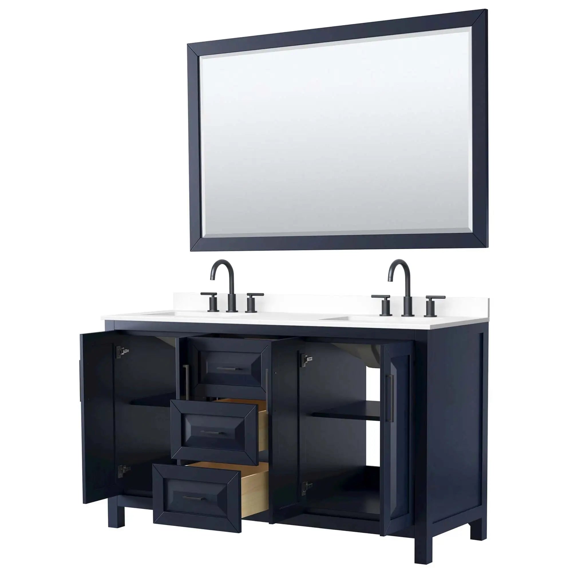 60" Daria Double Bathroom Vanity in Dark Blue with Matte Black Trim & 58" Mirror by Wyndham