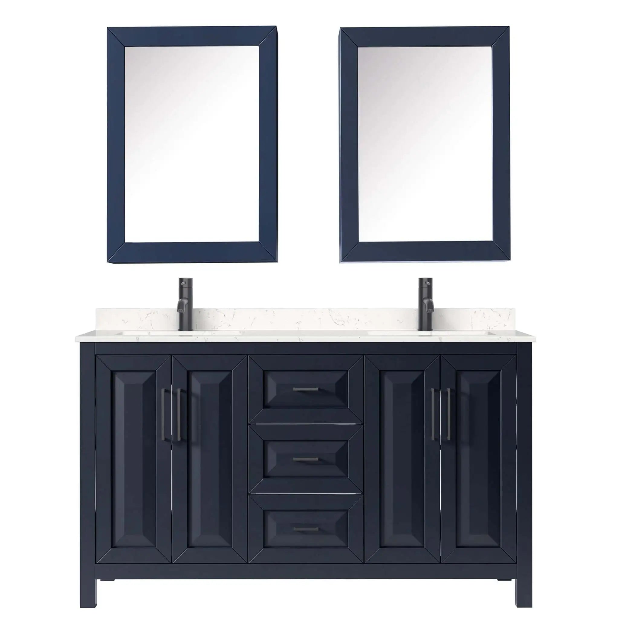 60" Daria Double Bathroom Vanity in Dark Blue with Matte Black Trim & Medicine Cabinet by Wyndham