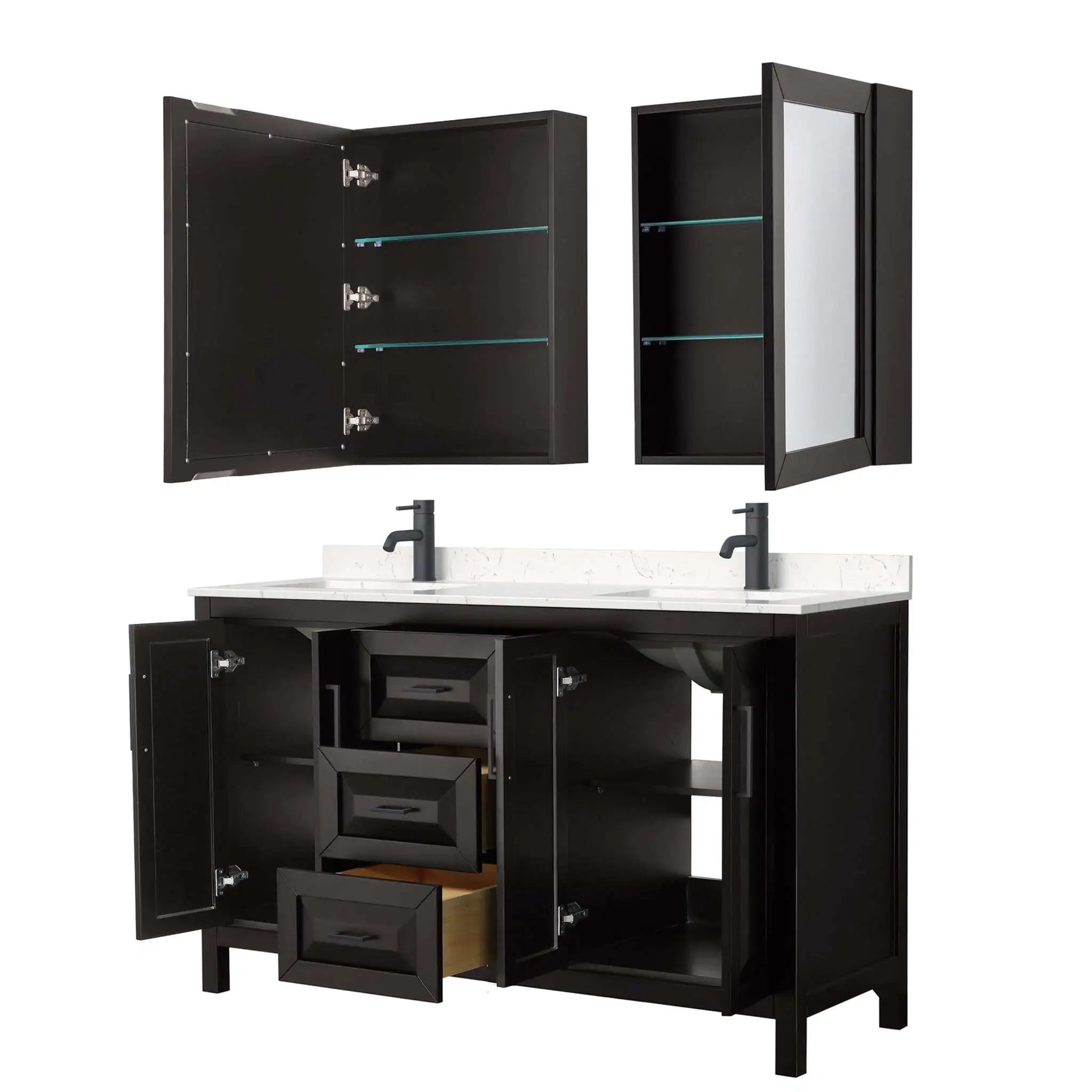 60" Daria Double Bathroom Vanity in Dark Espresso with Matte Black Trim & Medicine Cabinet by Wyndham