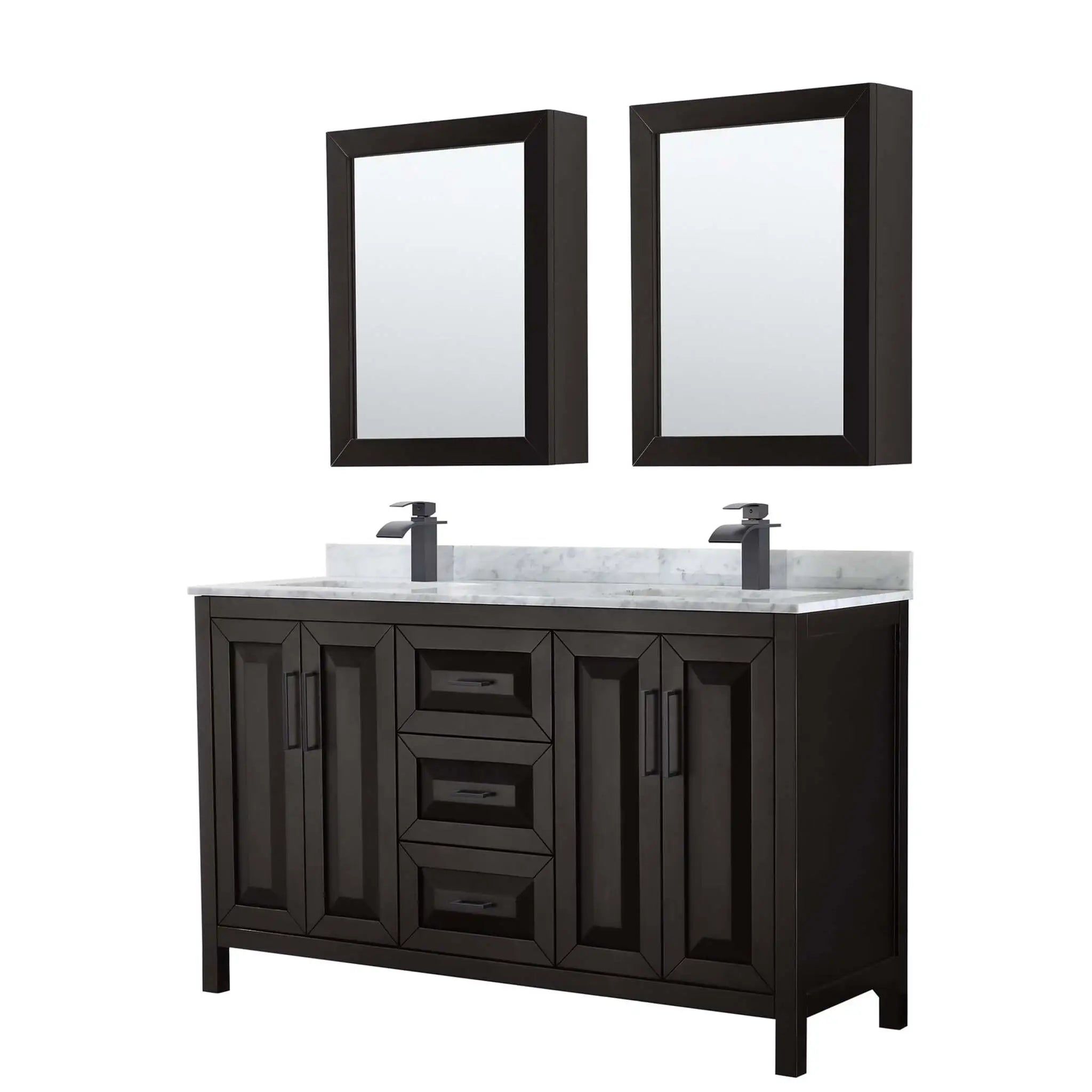 60" Daria Double Bathroom Vanity in Dark Espresso with Matte Black Trim & Medicine Cabinet by Wyndham