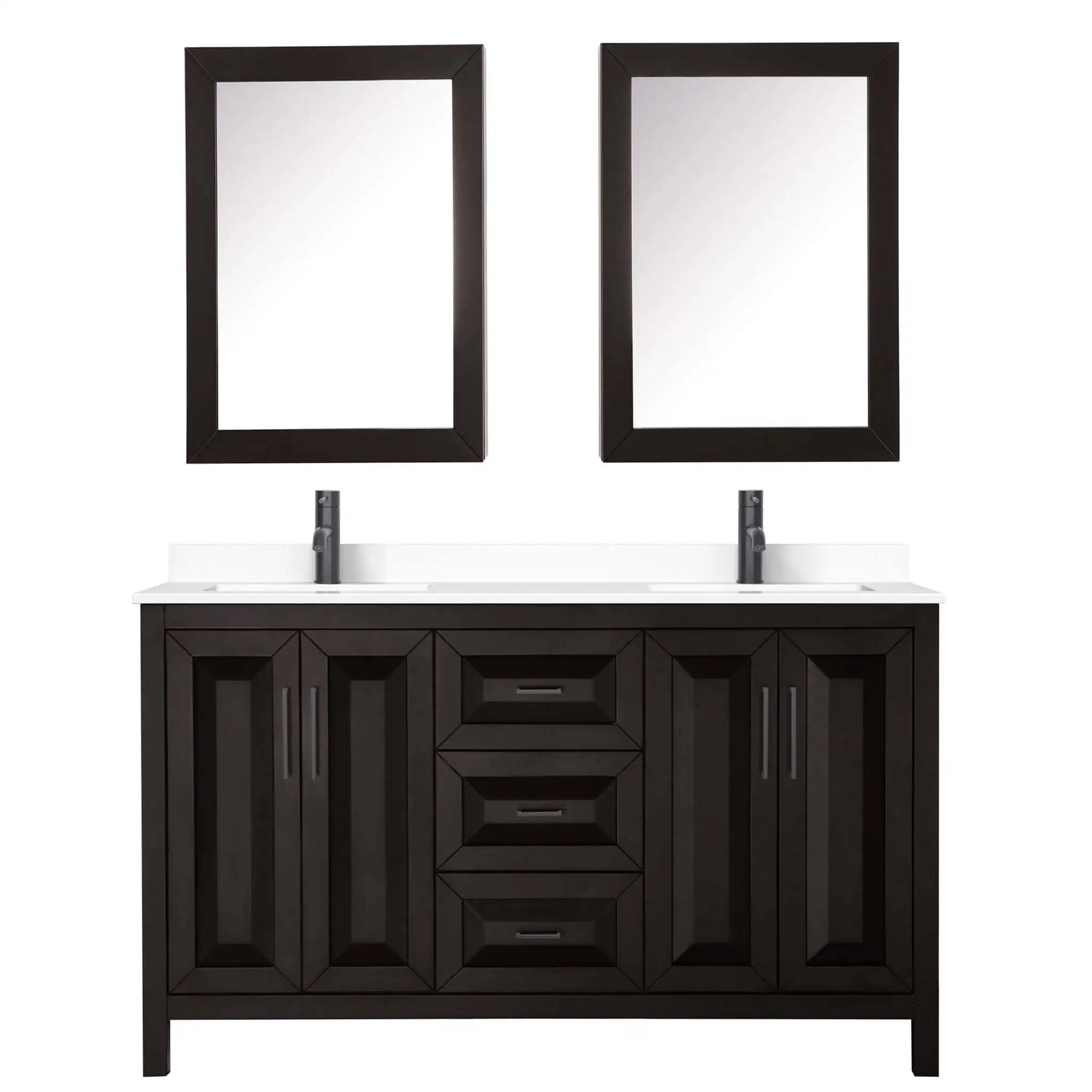 60" Daria Double Bathroom Vanity in Dark Espresso with Matte Black Trim & Medicine Cabinet by Wyndham