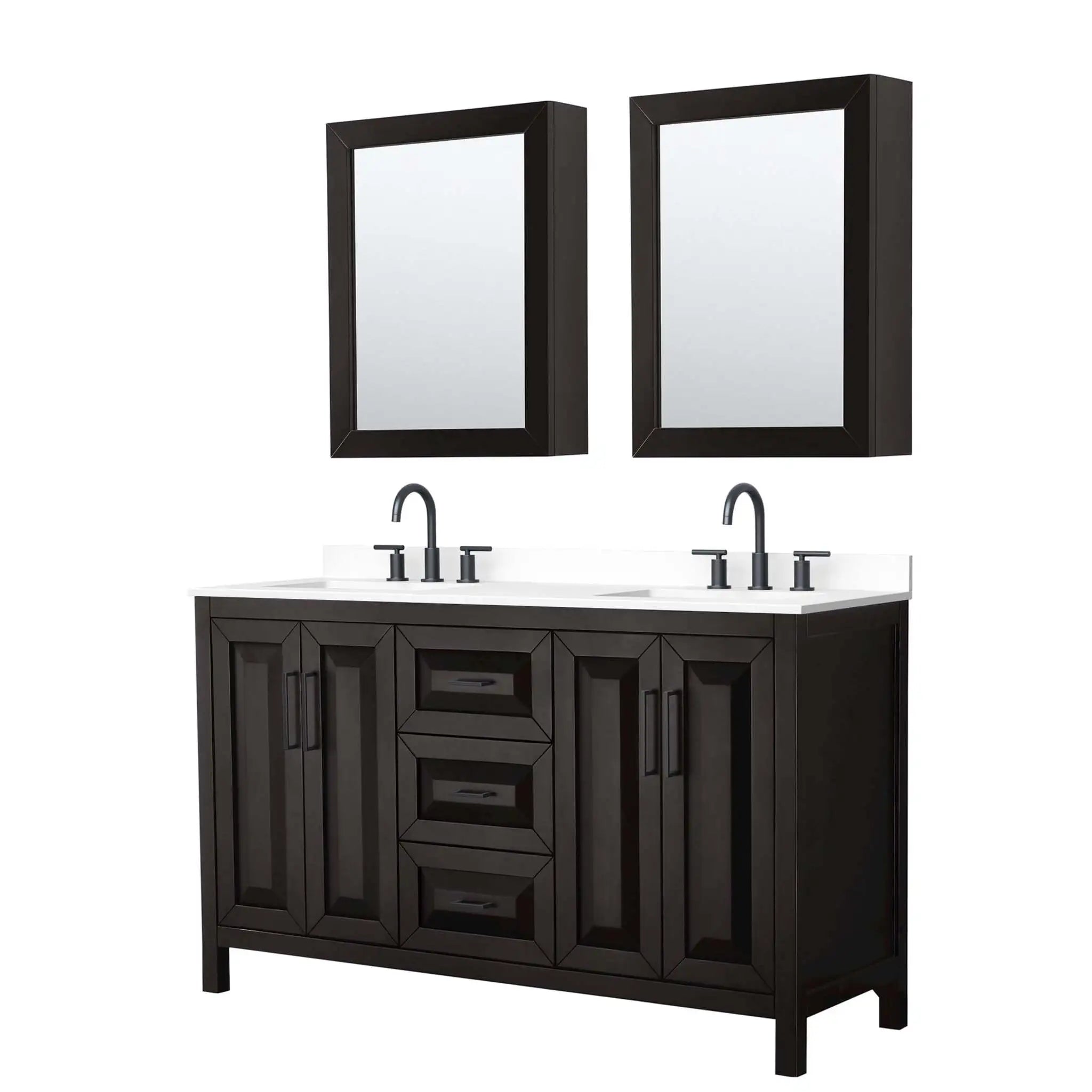 60" Daria Double Bathroom Vanity in Dark Espresso with Matte Black Trim & Medicine Cabinet by Wyndham