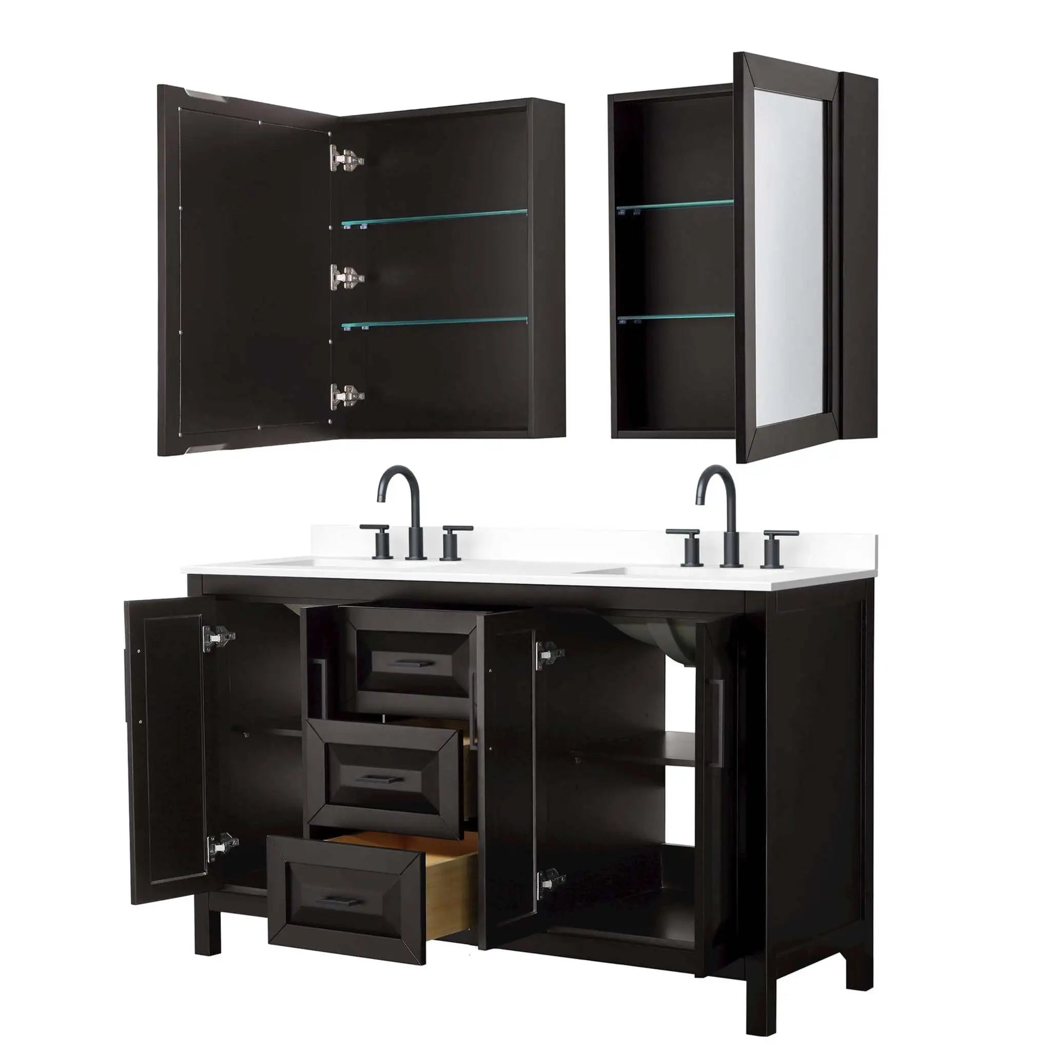 60" Daria Double Bathroom Vanity in Dark Espresso with Matte Black Trim & Medicine Cabinet by Wyndham