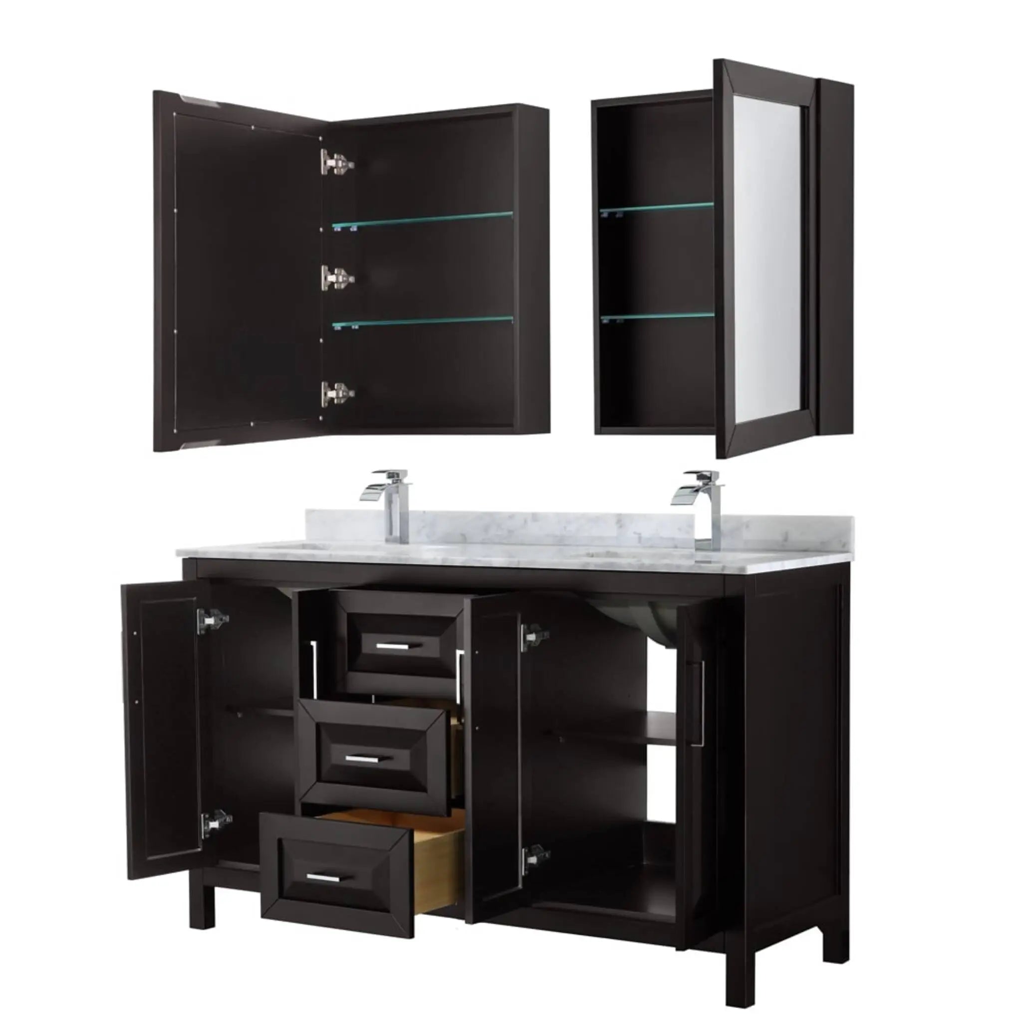 60" Daria Double Bathroom Vanity in Dark Espresso with Polished Chrome Trim & Medicine Cabinet by Wyndham