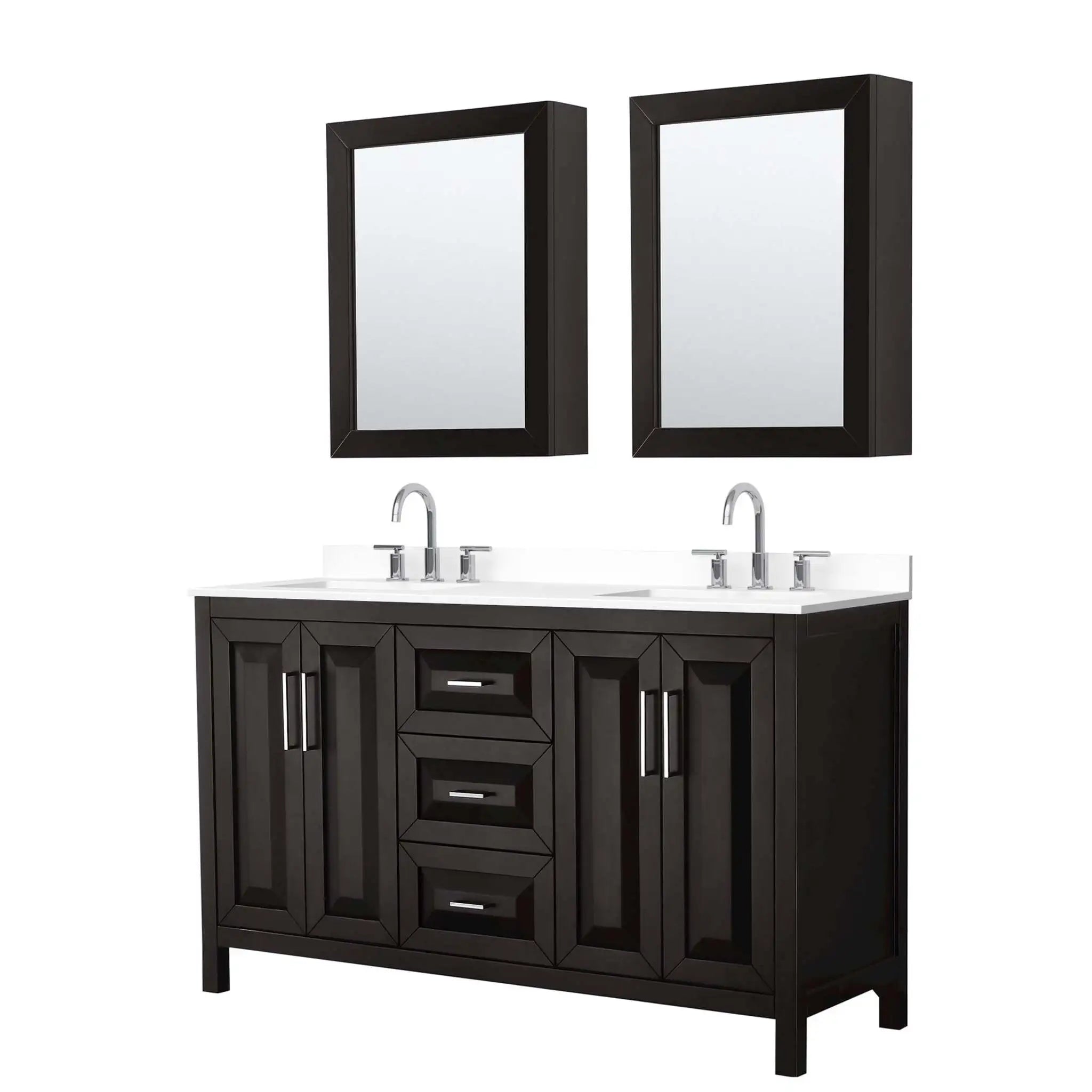 60" Daria Double Bathroom Vanity in Dark Espresso with Polished Chrome Trim & Medicine Cabinet by Wyndham