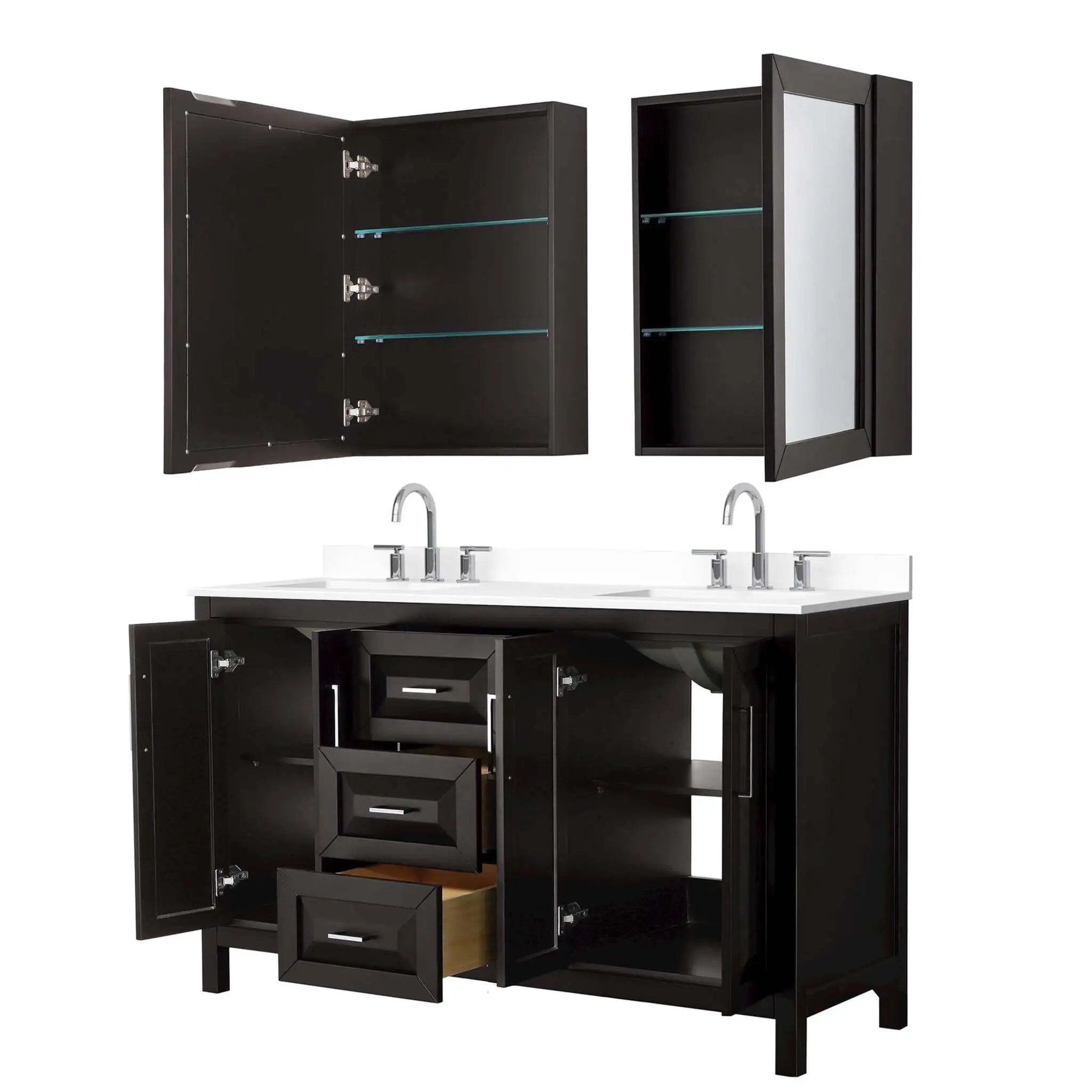 60" Daria Double Bathroom Vanity in Dark Espresso with Polished Chrome Trim & Medicine Cabinet by Wyndham