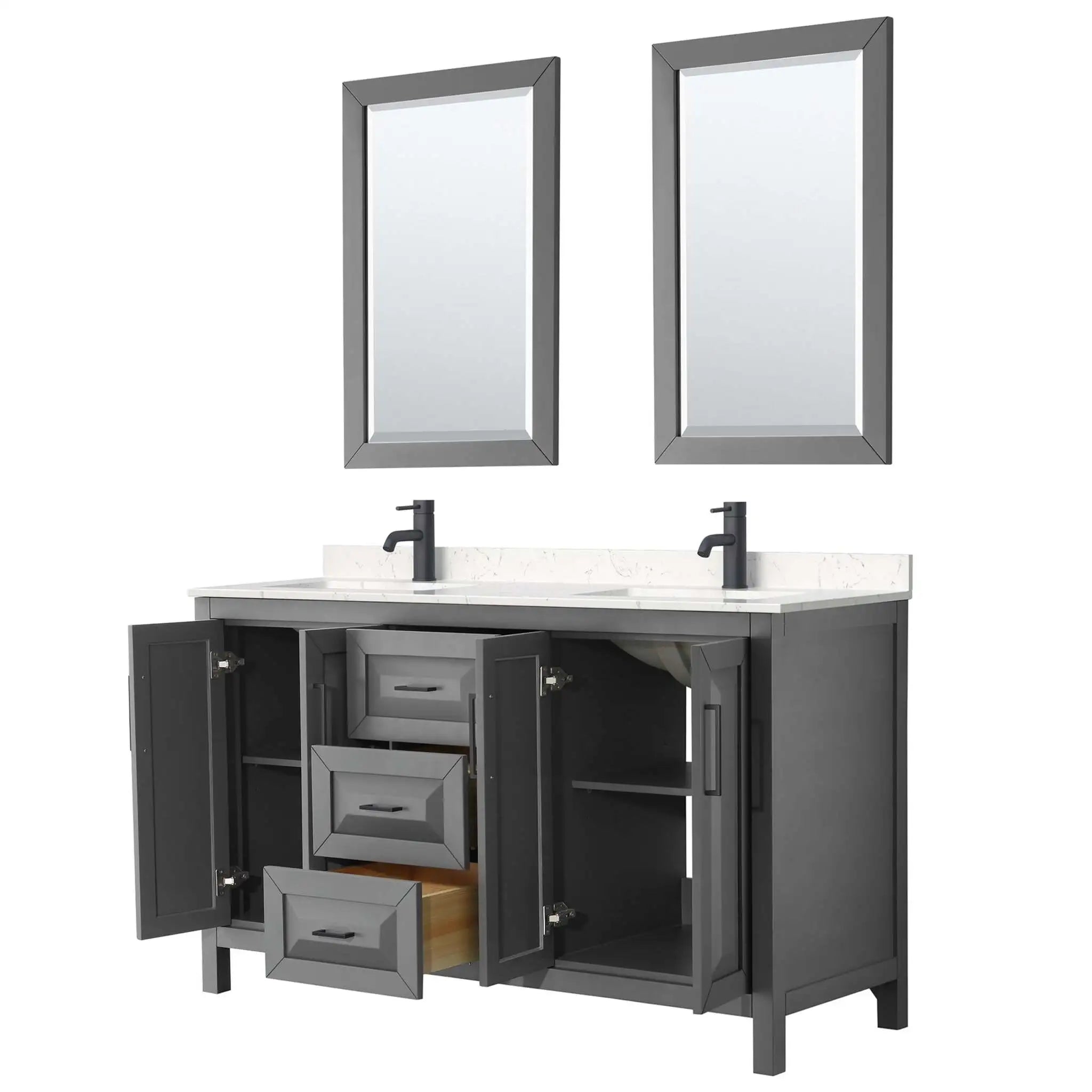 60" Daria Double Bathroom Vanity in Dark Gray with Matte Black Trim & 24" Mirror by Wyndham
