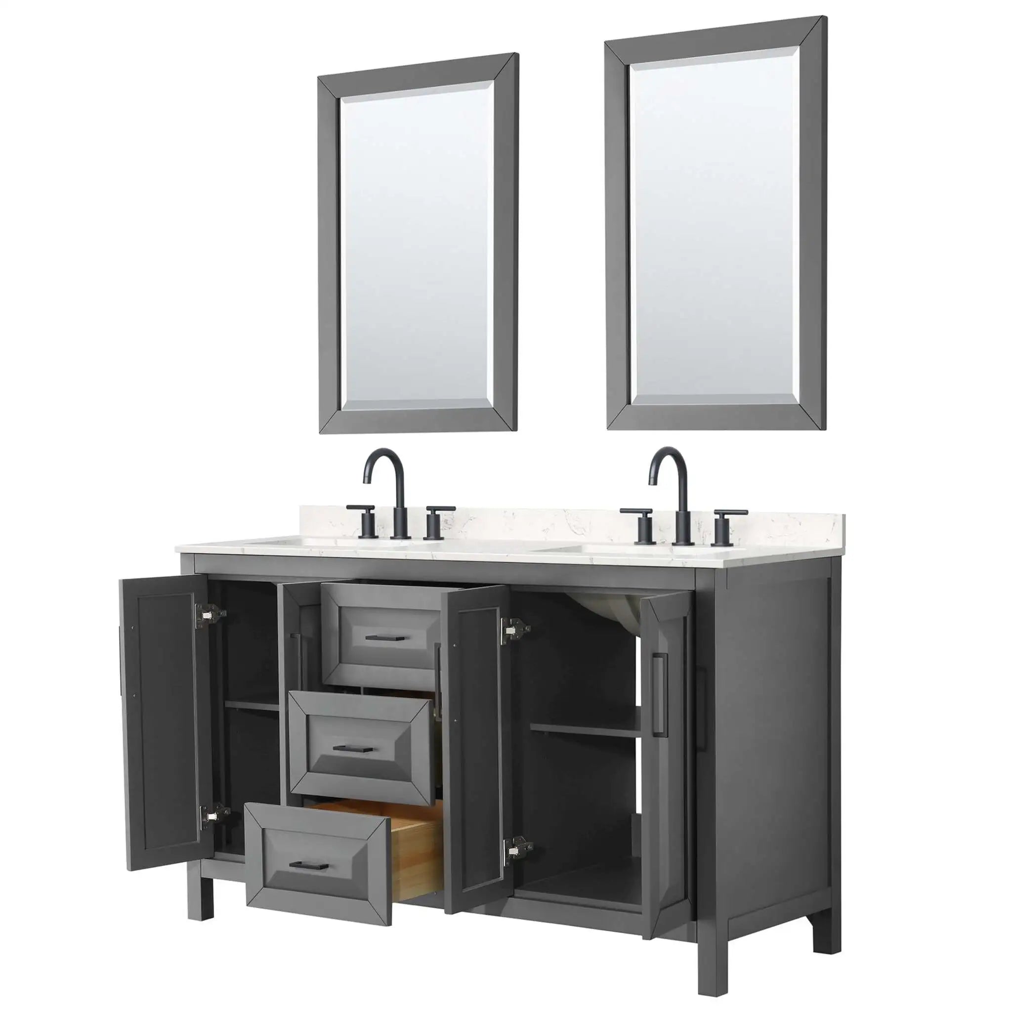 60" Daria Double Bathroom Vanity in Dark Gray with Matte Black Trim & 24" Mirror by Wyndham