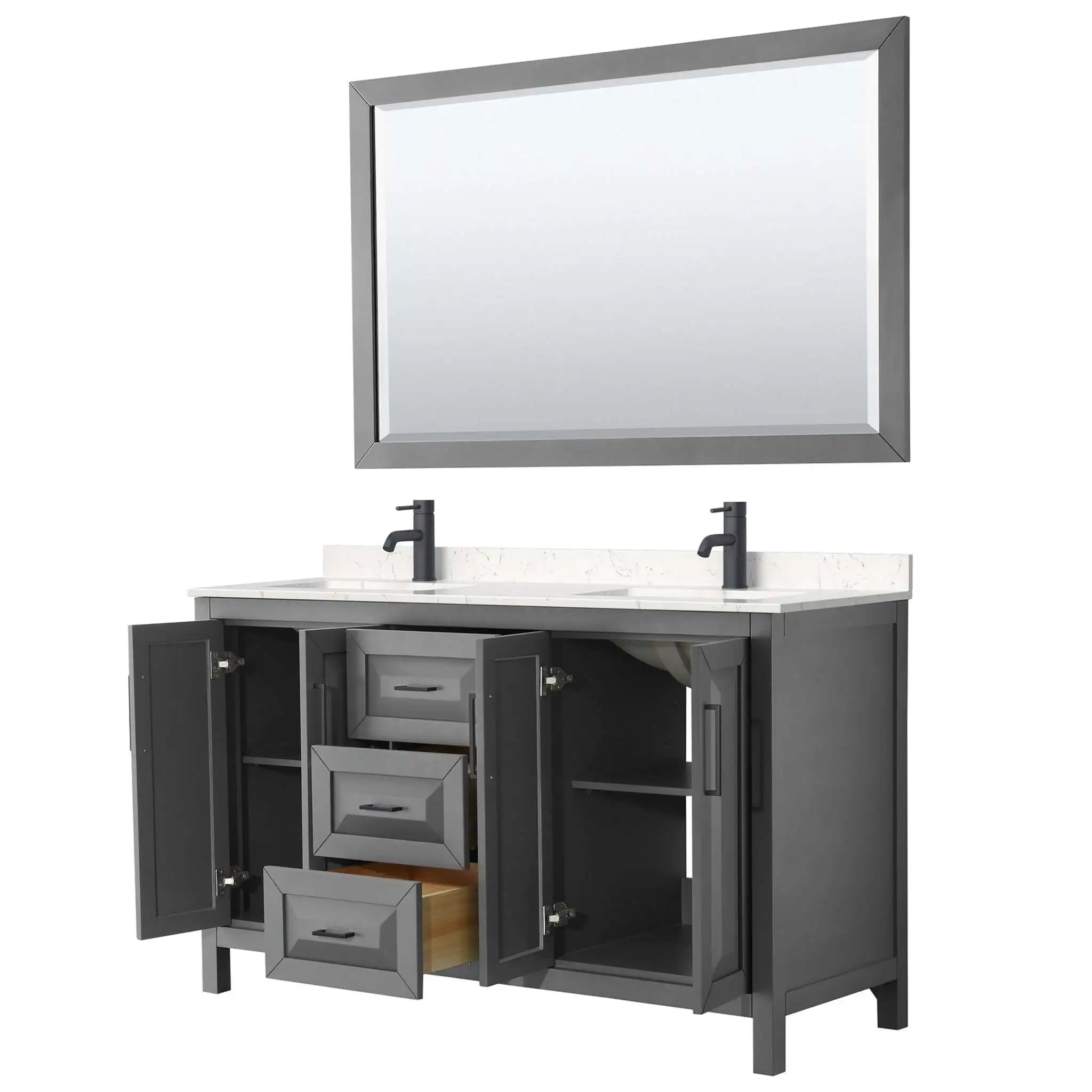 60" Daria Double Bathroom Vanity in Dark Gray with Matte Black Trim & 58" Mirror by Wyndham