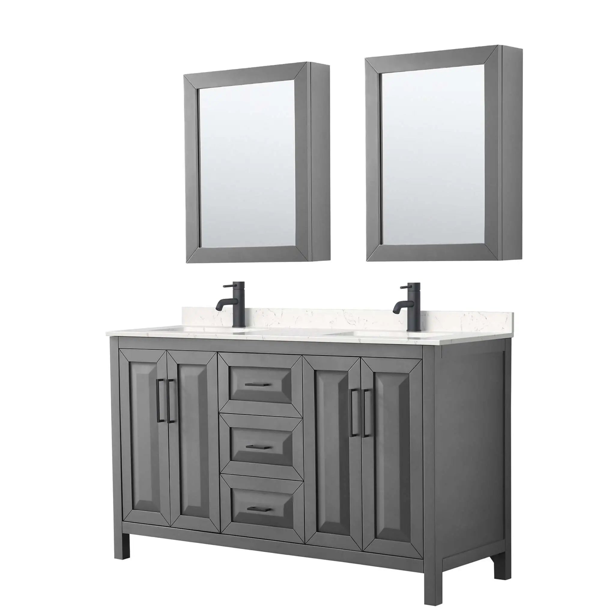 60" Daria Double Bathroom Vanity in Dark Gray with Matte Black Trim & Medicine Cabinet by Wyndham