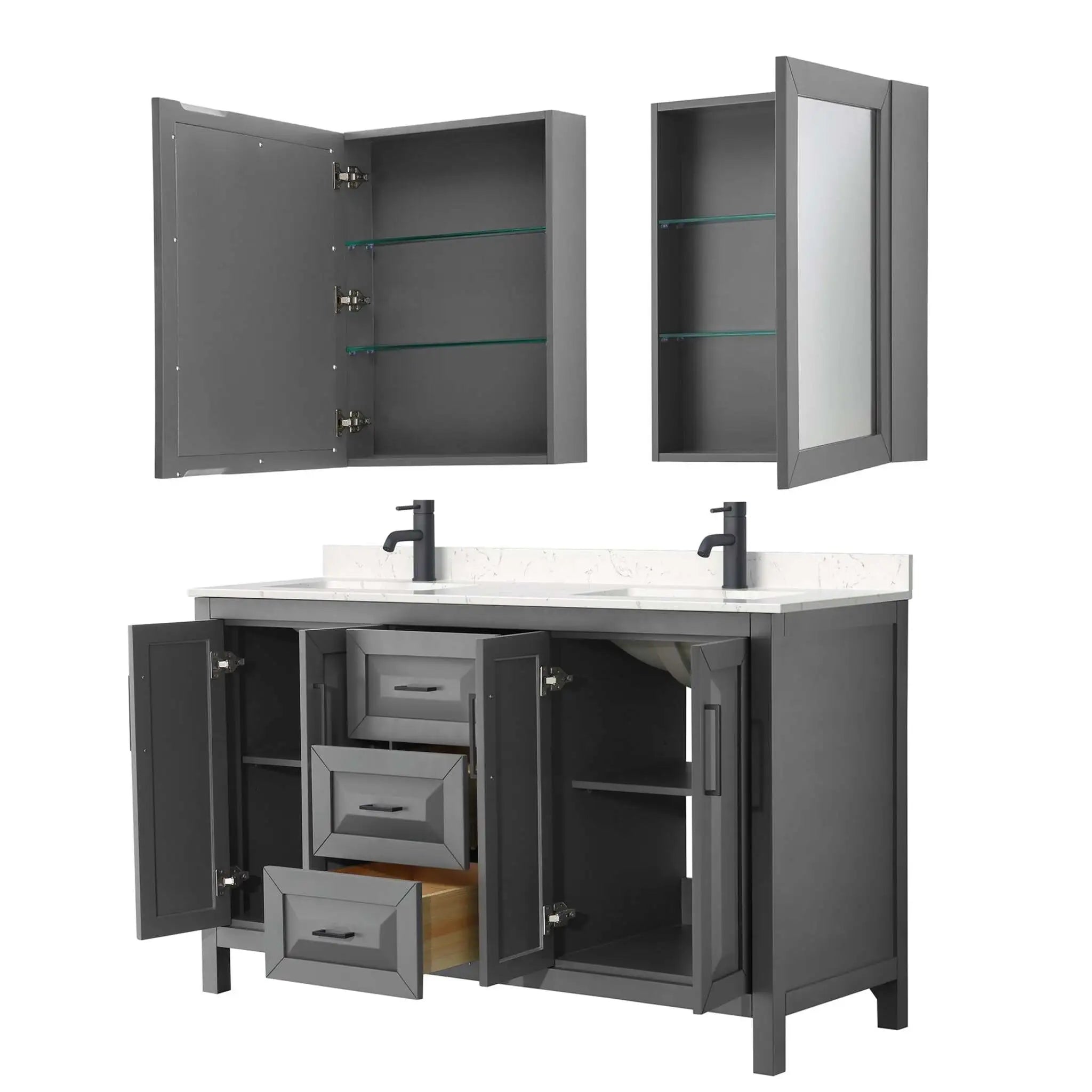 60" Daria Double Bathroom Vanity in Dark Gray with Matte Black Trim & Medicine Cabinet by Wyndham